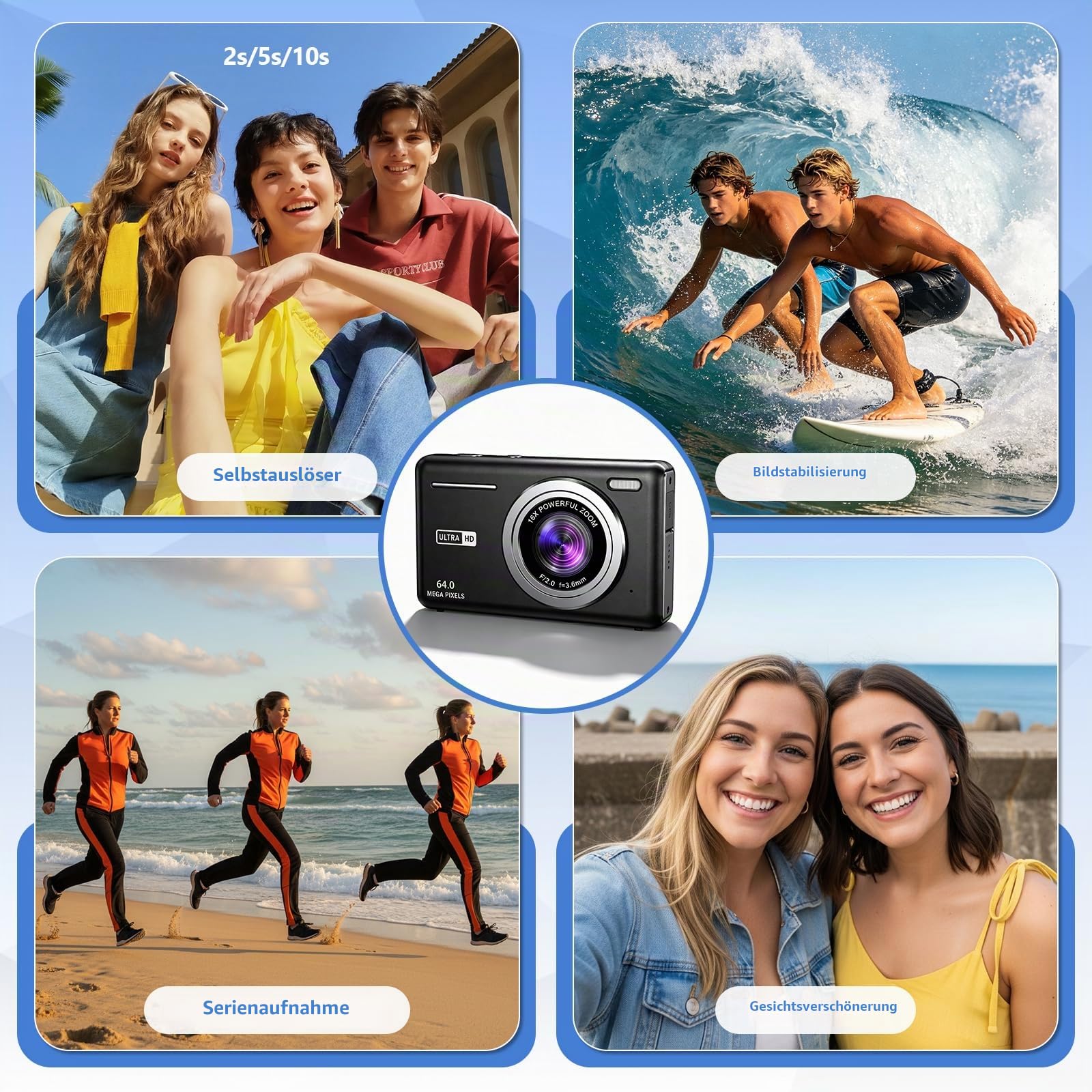 Digitalkamera, AutoFocus 4K 64MP Fotokamera 16X Digitalzoom Fotoapparat mit 32 GB SD Karte, 2,8" Großem Bildschirm Kompaktkamera Digital Kamera für Teenager Erwachsene Anfänger (Schwarz)