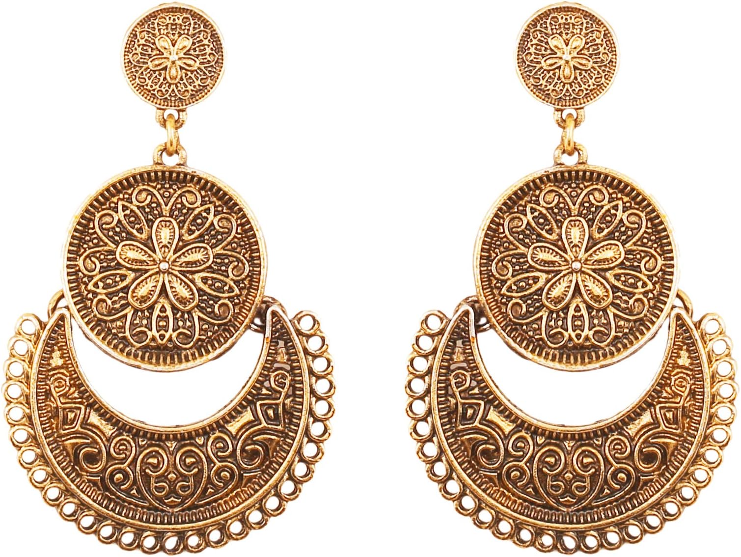 Indian Bollywood Gypsy Tribal Boho Crescent Designer Jewelry Chandelier Earrings In Gold Silver Antique Tone For Women.