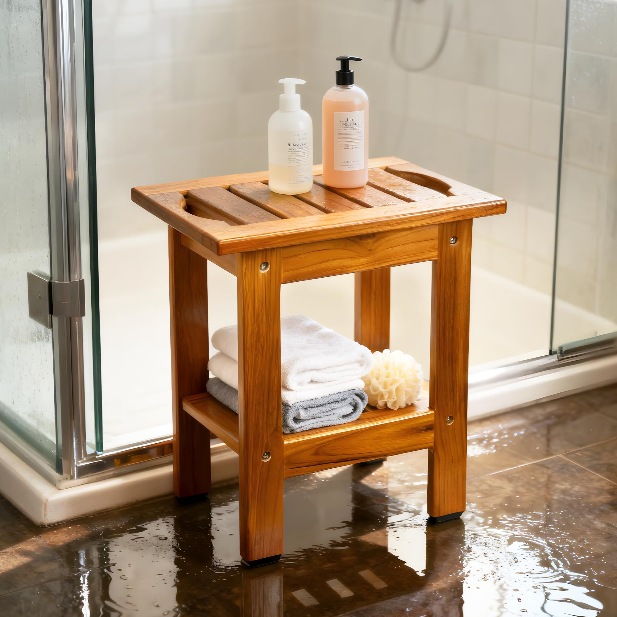 VaeFae Piccolo Sgabello Bagno in Teak per Doccia, Leggero Panca Bagno in Legno, Dotato di Ripiano Portaoggetti e Piedini Antiscivolo, Portatile per Bagno, Soggiorno, Camere da Letto, Balcone