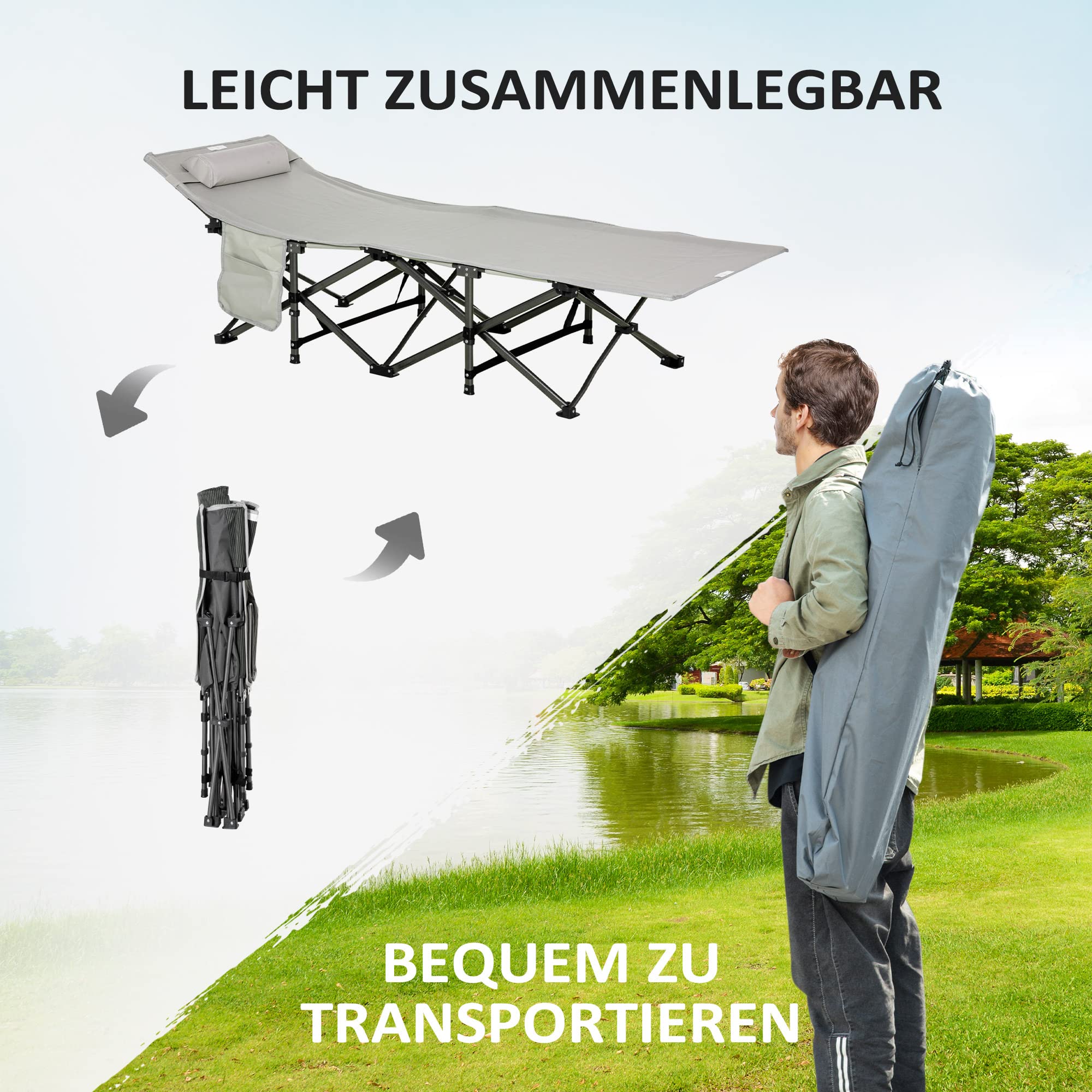 Outsunny Feldbett faltbar mit Matratze 188 x 64,5 x 53 cm | Campingbett, Tragetasche, Gästebett bis 150 kg Belastbar, Campingliege für Erwachsene, Klappbett, Outdoor Camping