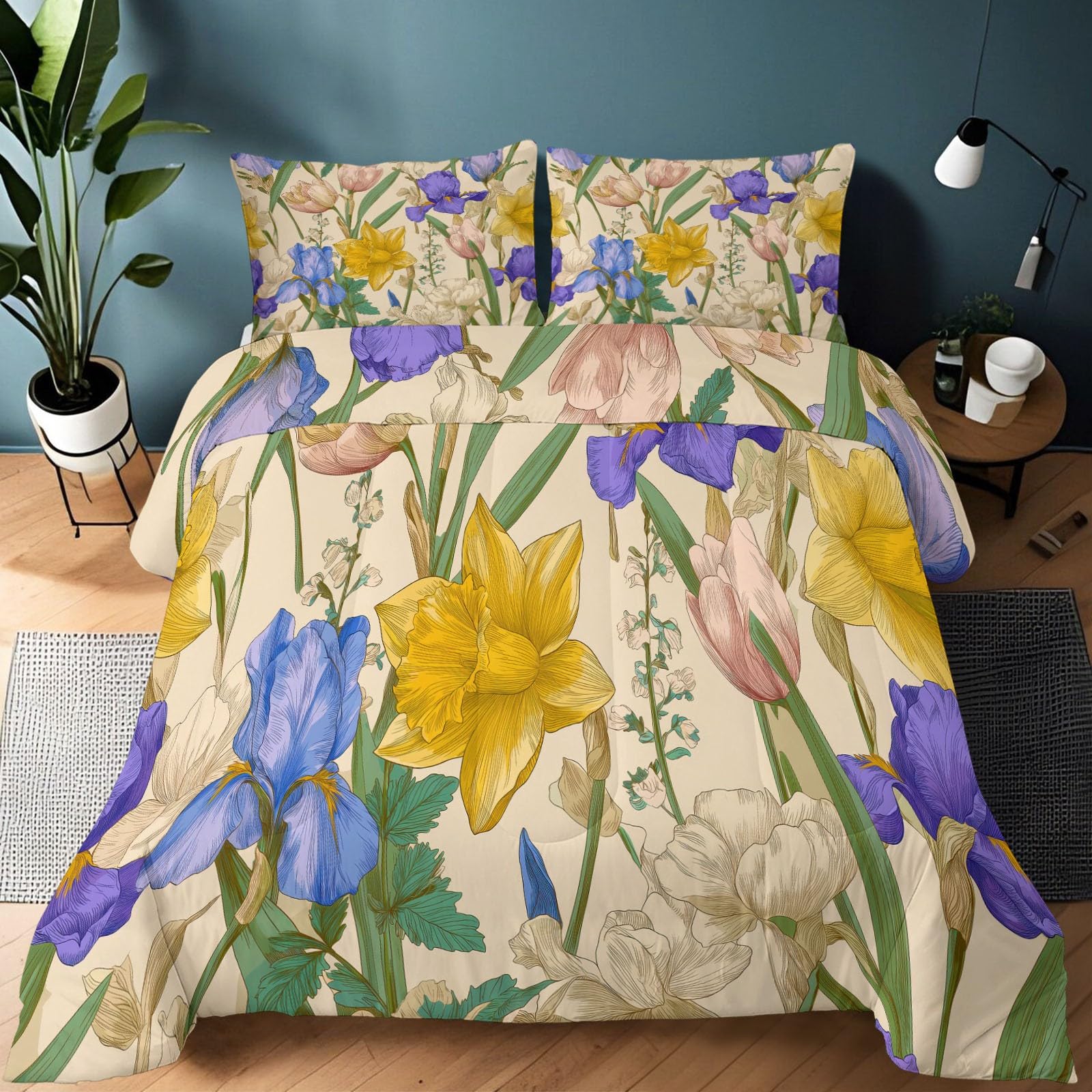 Couette 4 saisons 140x200 avec 2 taies d'oreiller couette imprimée fleurs lit simple crème