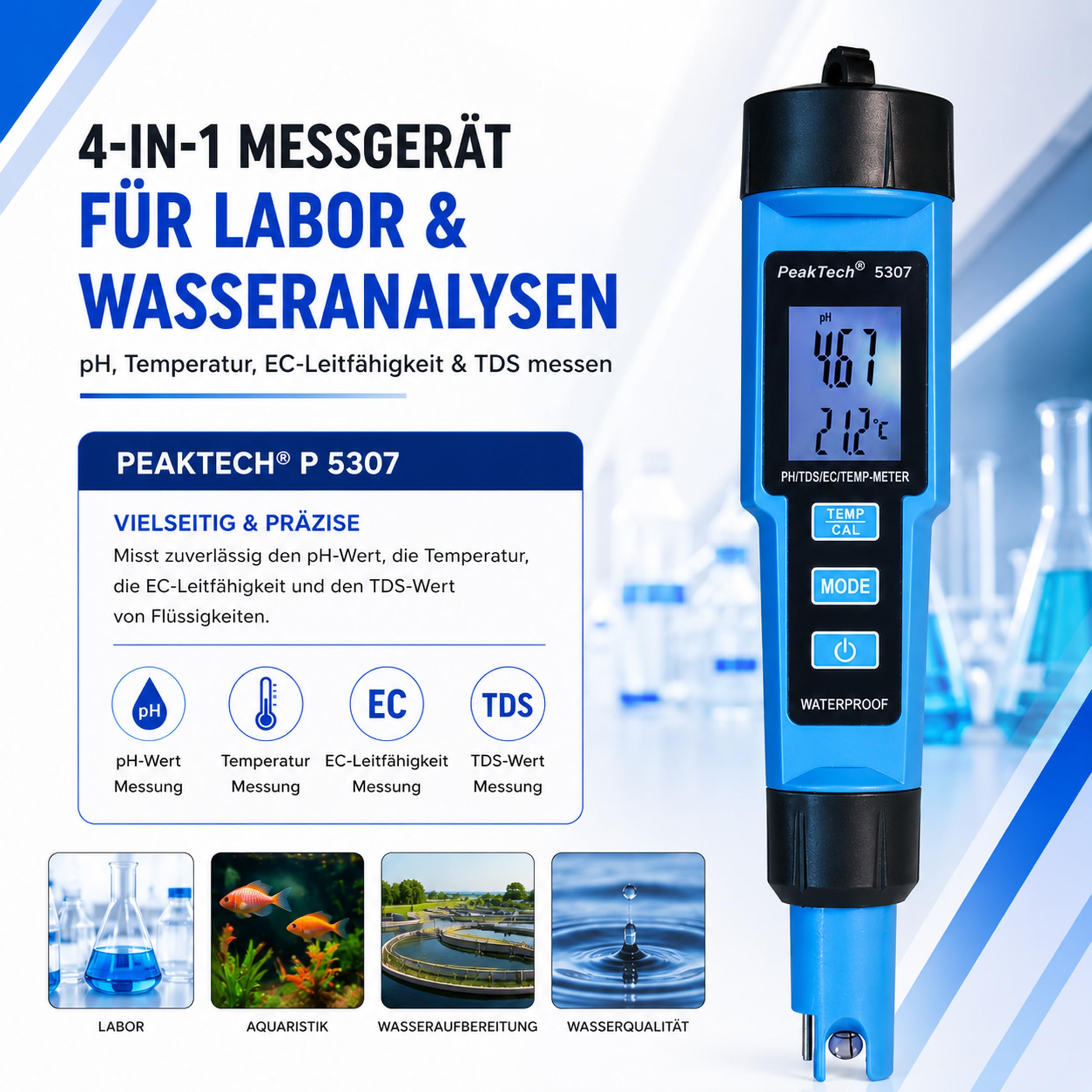 PeakTech P 5307 – 4 in 1 PH-Meter in Stiftform für PH/EC/TDS/TEMP
