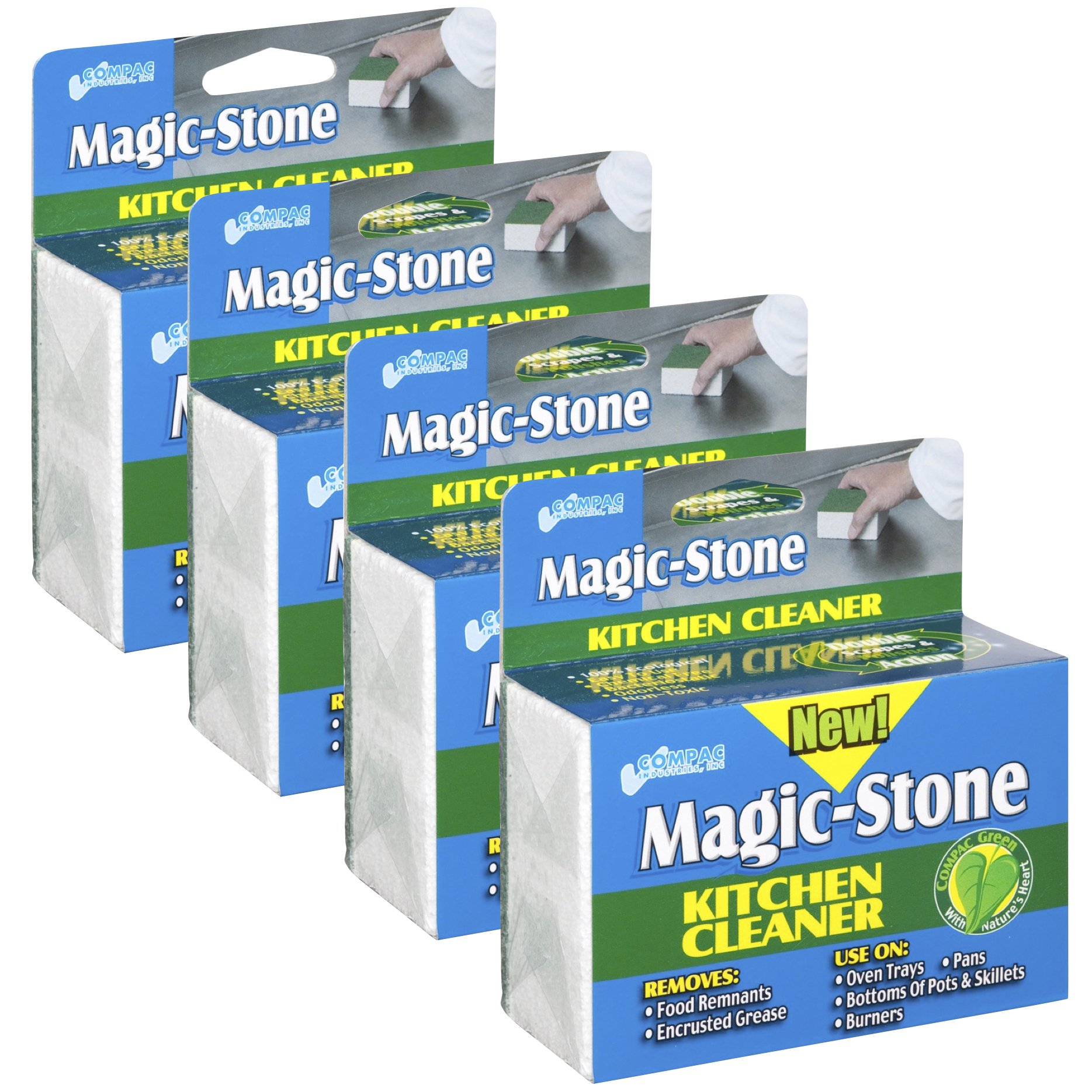 COMPAC HOMEMagic-Stone Kitchen Cleaner Scrub - 2-Sided Scouring Brick/Sponge, Easily Removes Stubborn Grime, Grease, Food from Oven Trays, Pans, Cookie Sheets, 4 Count