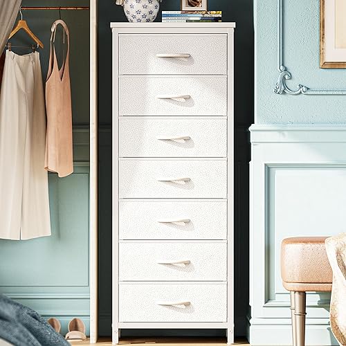 Huuger Tall Dresser for Bedroom, 7 Drawer Dresser & Chests of Drawers, Fabric Dresser for Closet, Bedroom, Night Stand, End Table with Metal Frame, Storage Tower with Fabric Bins, PU Leather, White
