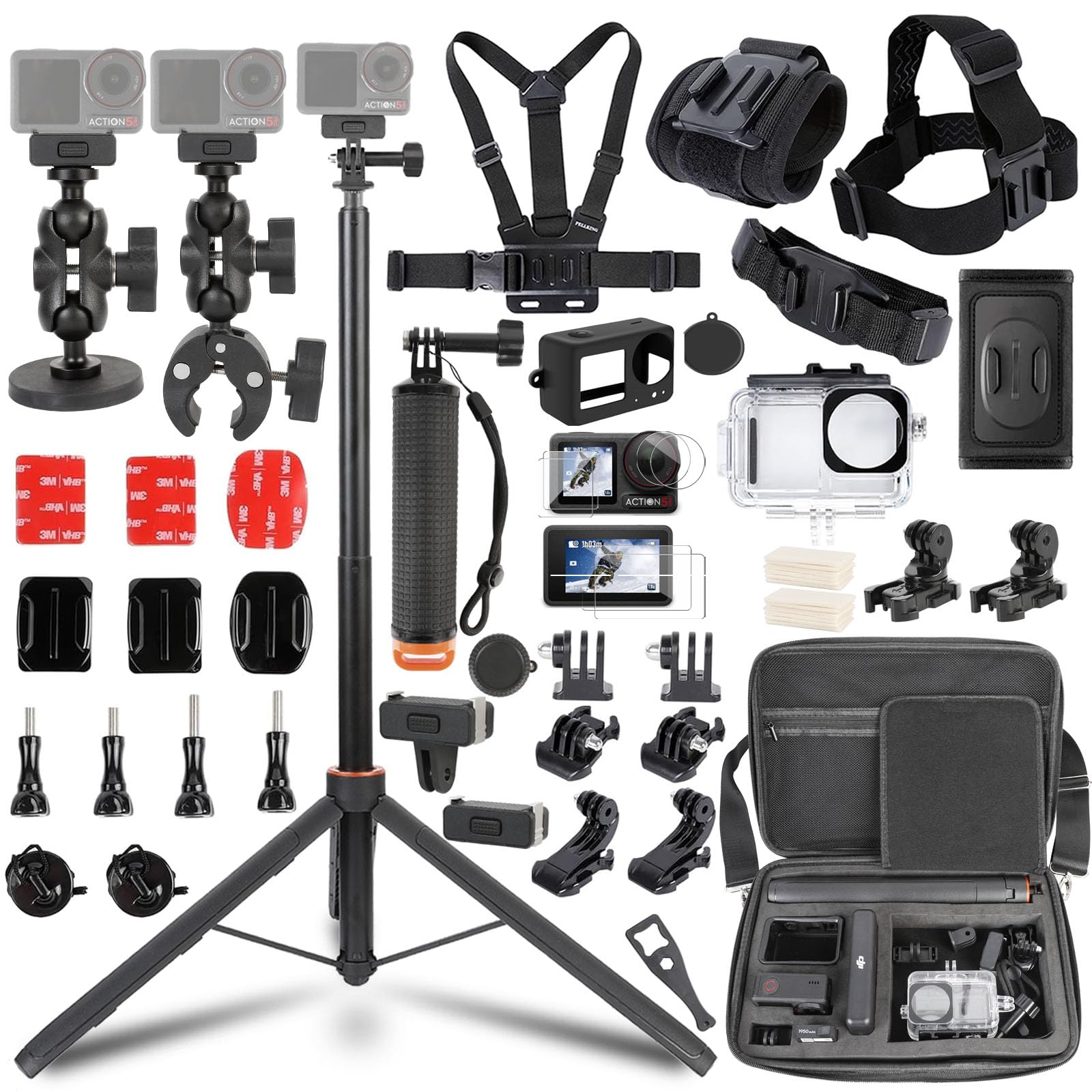 PellKing Accessories Kit for DJI Osmo Action 5pro/4/3,Carrying Case with Belt 135cm Selfie Stick Tripod Waterproof Housing Floating Handle Grip Magnetic Handlebar Mount Qucik Release4 in 1 Body Mount