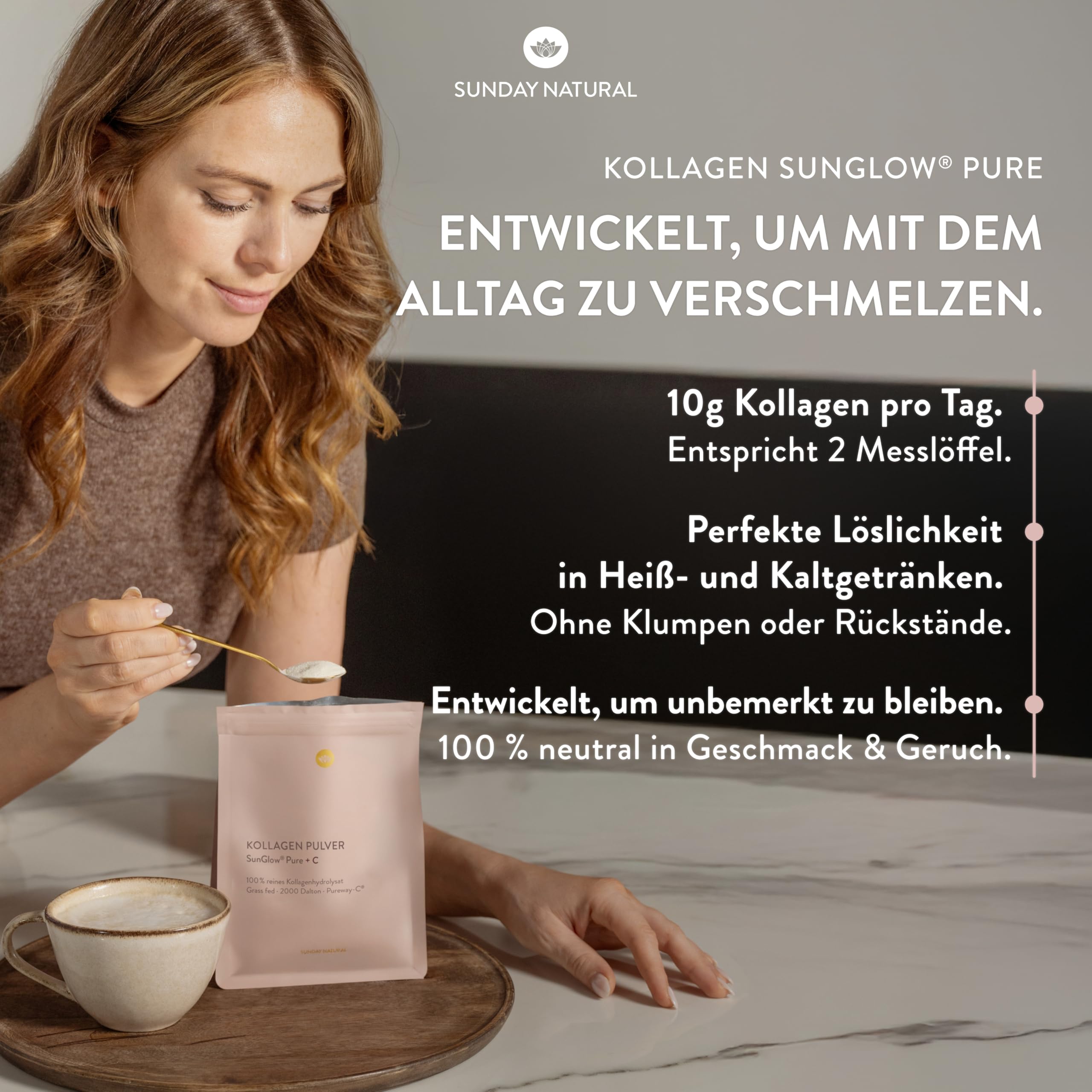 SUNDAY NATURAL® Kollagen Pulver SunGlow® Pure – 452g – Premium Collagen Pulver mit Vitamin C – Bioaktives Kollagen Hydrolysat – Hergestellt aus Kollagen Typ 1 & 3 – Exzellente Löslichkeit – Neutral
