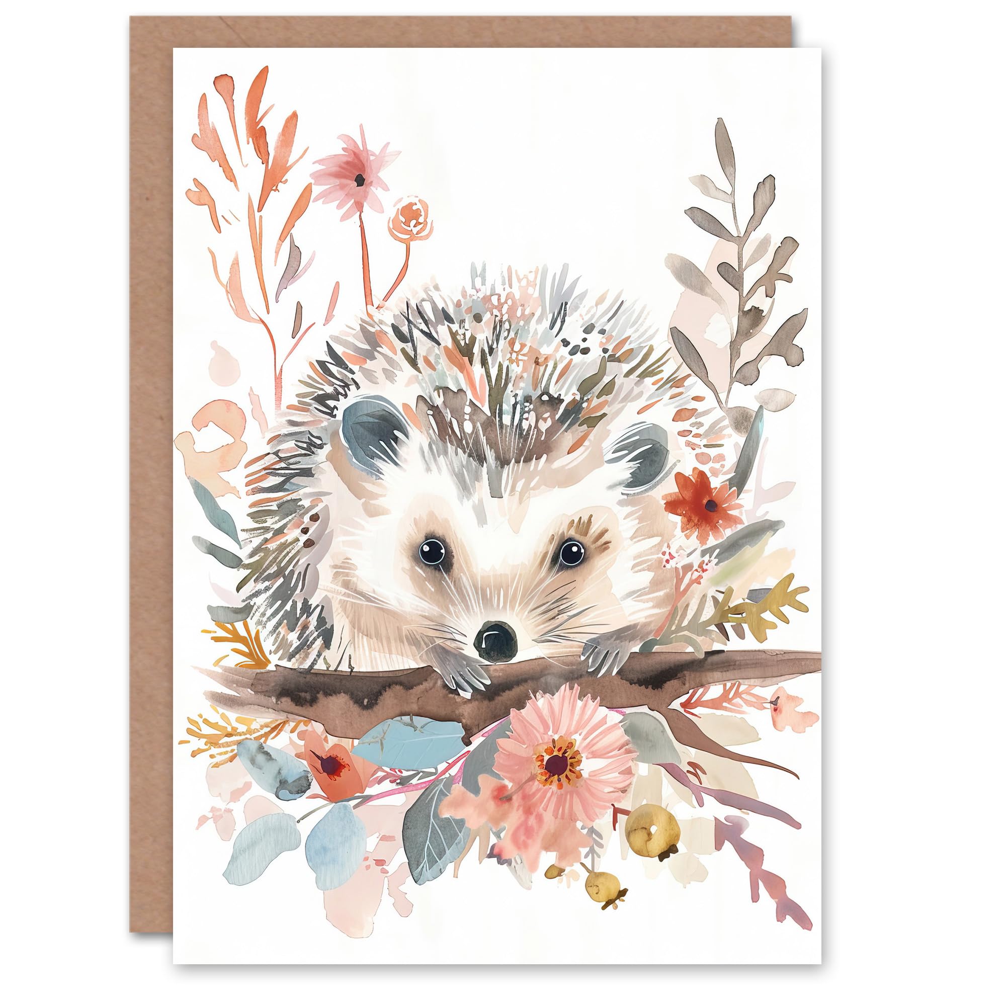 Artery8 Greeting Card Hedgehog in Wildflowers Modern Watercolour Pastel Blank For All Him Or Her Art Birthday Card