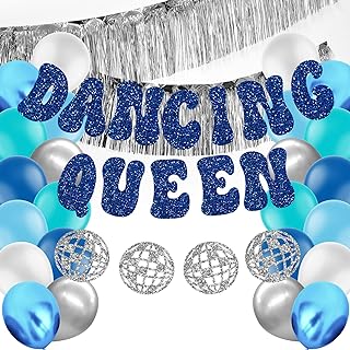 HOMEZZO Dancing Queen Party Decorations, Glitter Dancing Queen Disco Ball Banner Silver Fringe Banner for Mamma Mia Party Decorations Birthday Bridal Shower Bachelorette Wedding Party