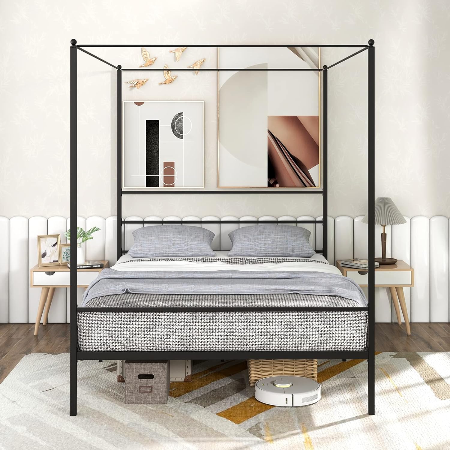 Giantex Queen Size Metal Canopy Bed Frame with a mattress and bedding, featuring sheer canopy curtains.