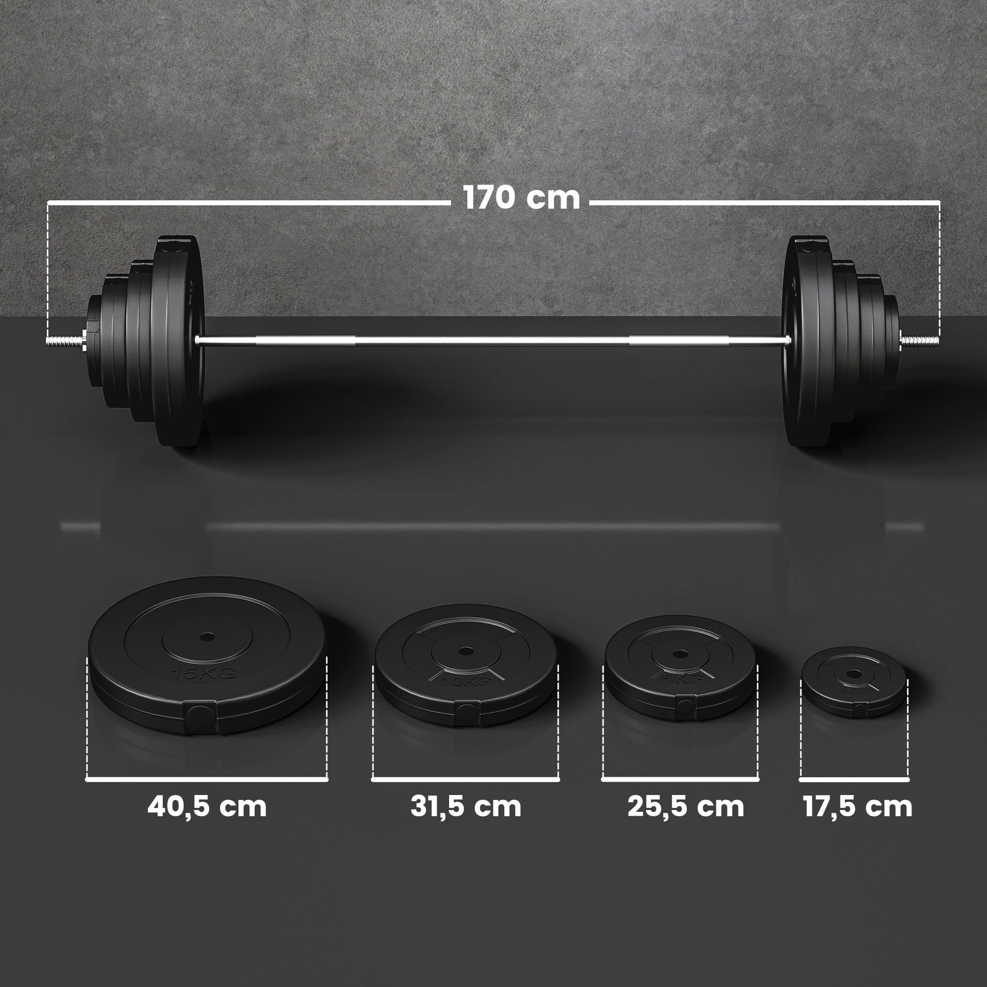 HOMCOM Barra de Pesas 70 kg con Mancuernas Set de Pesas Ajustables con 8 Discos 1,5kg 5kg 10kg 15kg y 1 Barra Juego de Mancuernas para Entrenamiento de Fuerza en Hogar Gimnasio 170x40,5x40,5 cm Negro