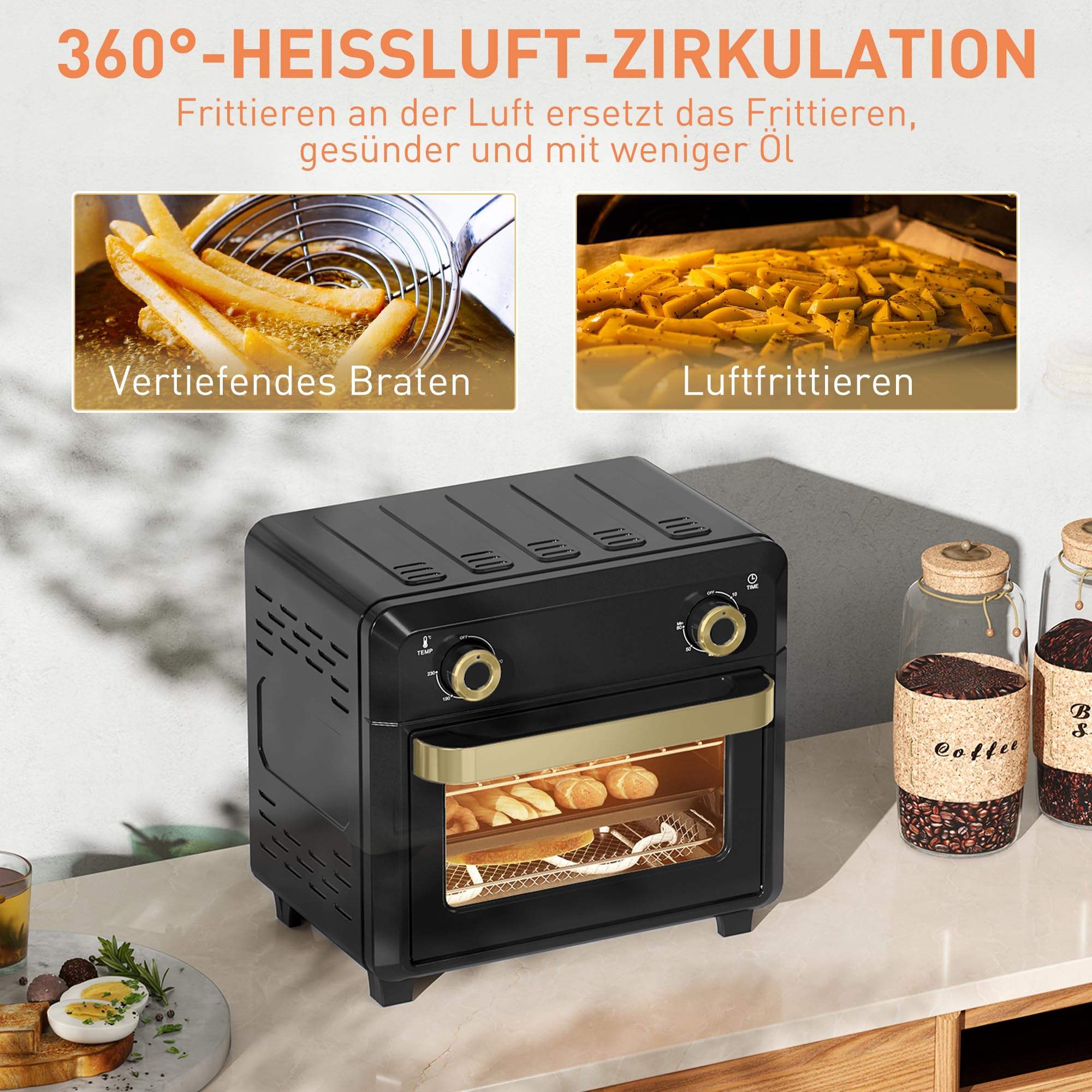 HOMCOM Mini-four à chaleur tournante, 10L friteuse à chaleur tournante, Petit four avec minuterie 60 min et éclairage intérieur, 80-230℃, 3 niveaux de chargement, accessoires résistant au