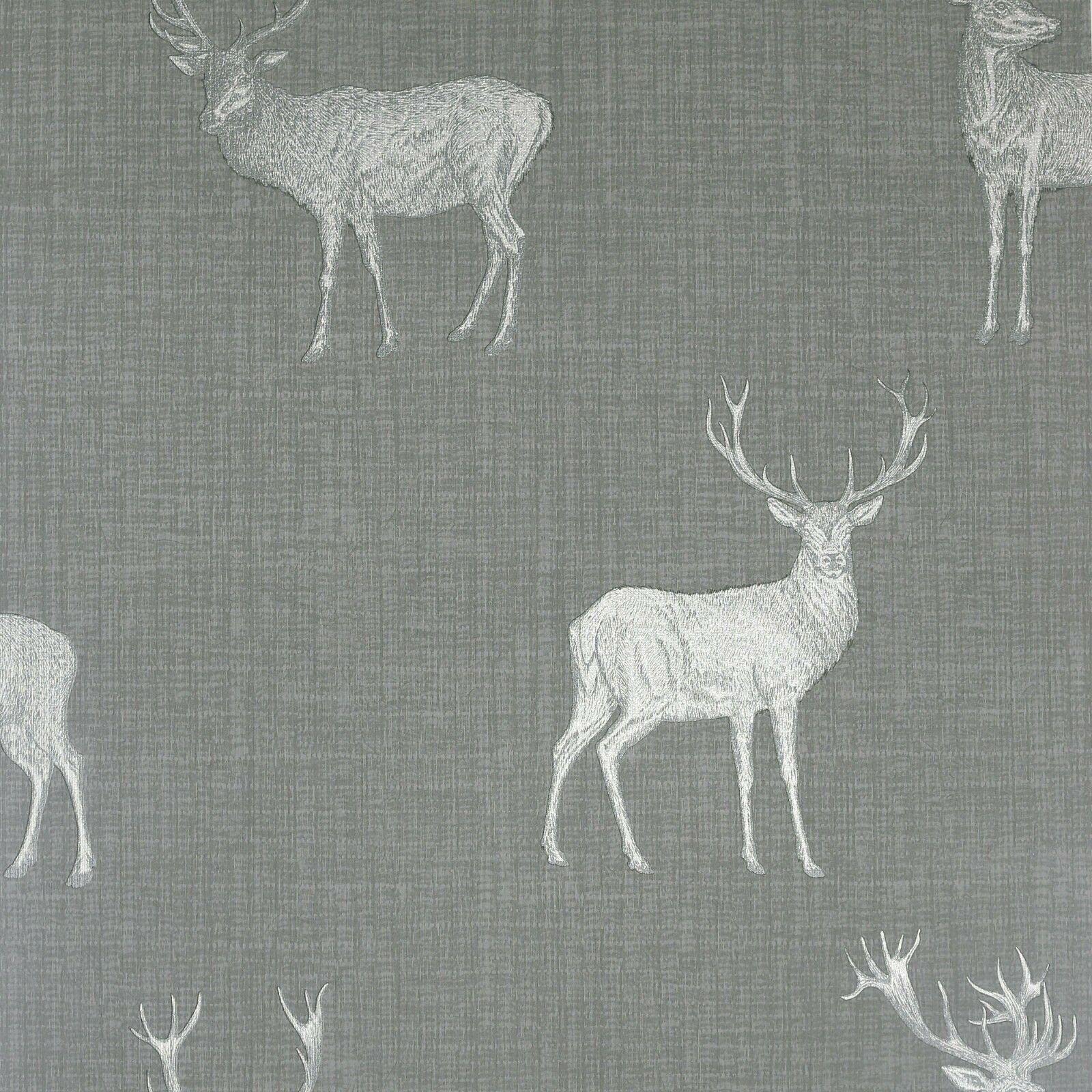 Heritage Stag Wallpaper Grey Silver Metallic Textured