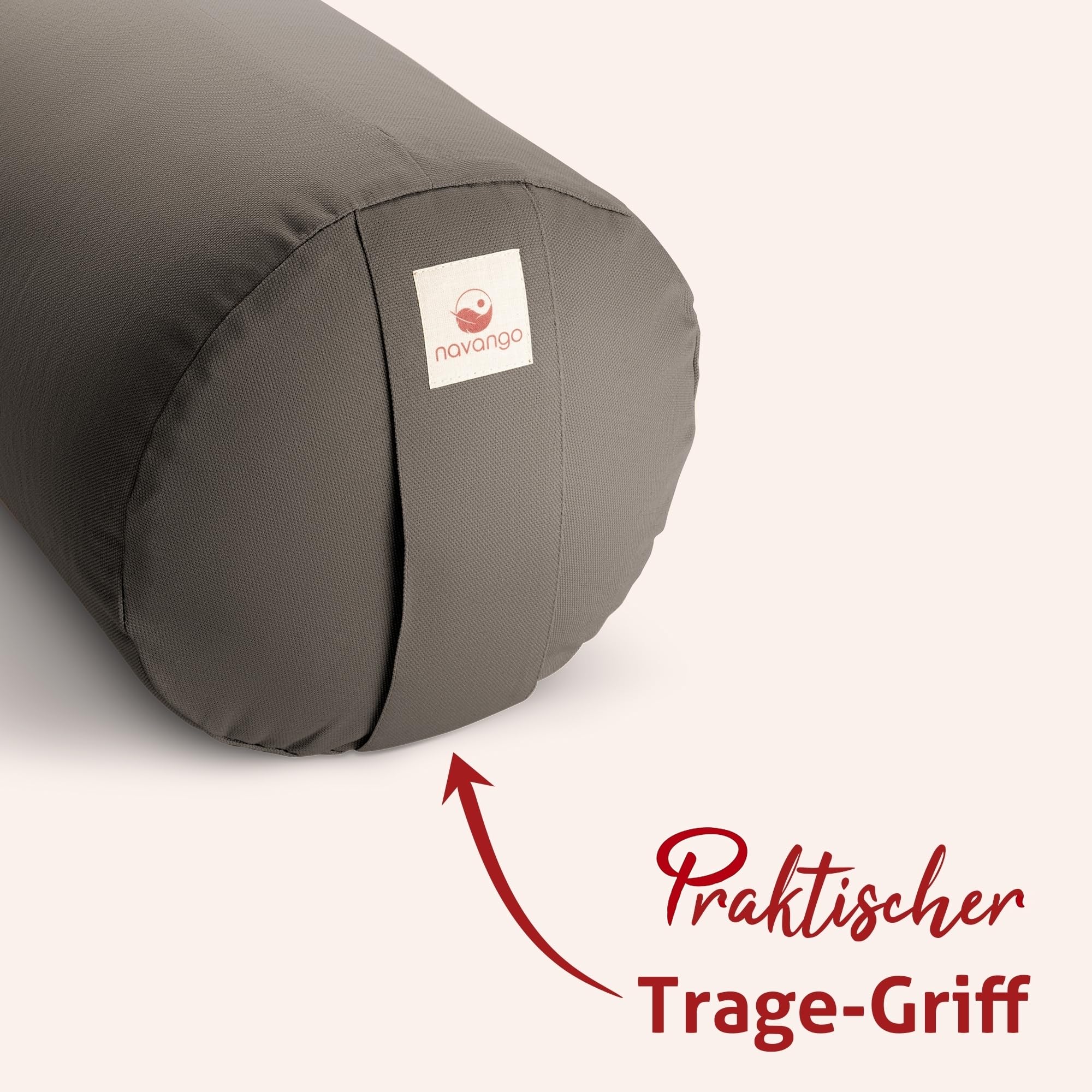 Yoga Bolster – Handmade in Germany, 24cm x 64cm | Yoga Rolle mit praktischem Tragegriff, 100% Dinkelspelz Füllung, Waschbarer Bezug 100% Baumwolle