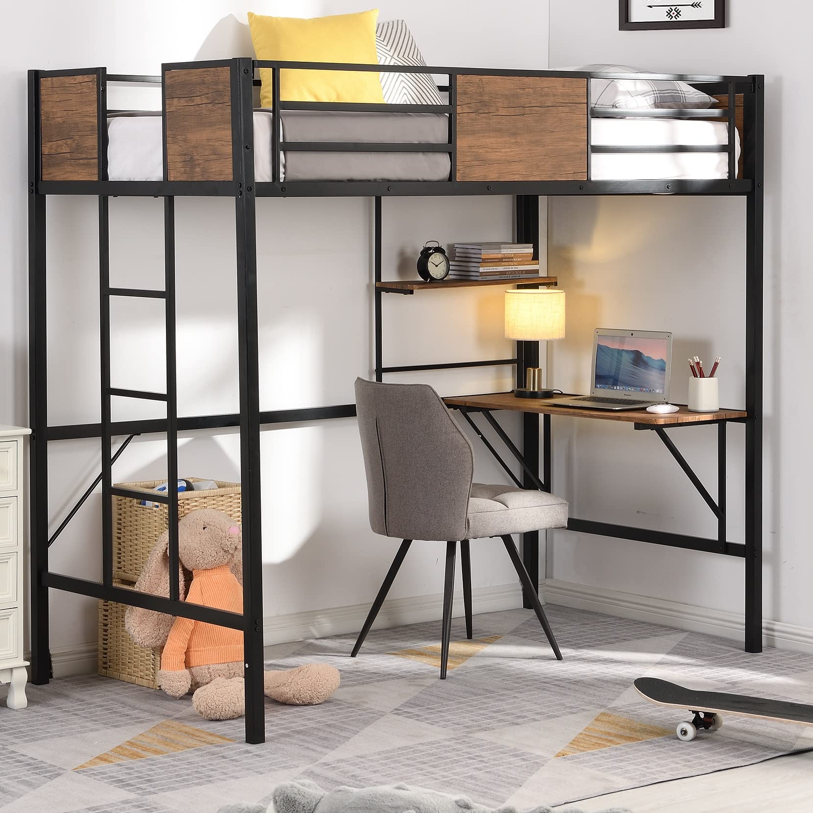 Buy Twin Size Metal Loft Bed with Storage Shelves and Desk, No Box