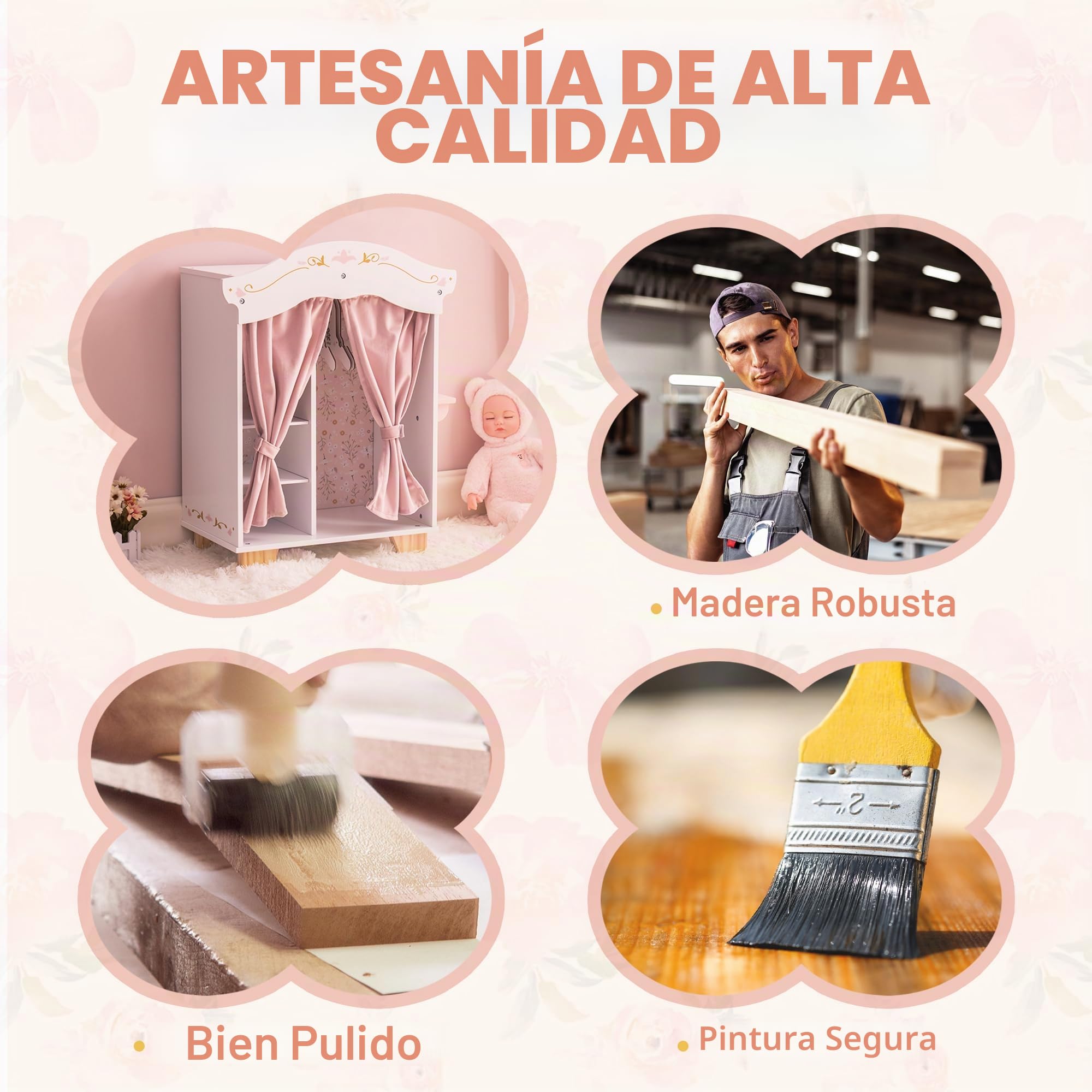 ROBUD Armario de madera para muñecas con espejo y 5 perchas para niños a partir de 3 años