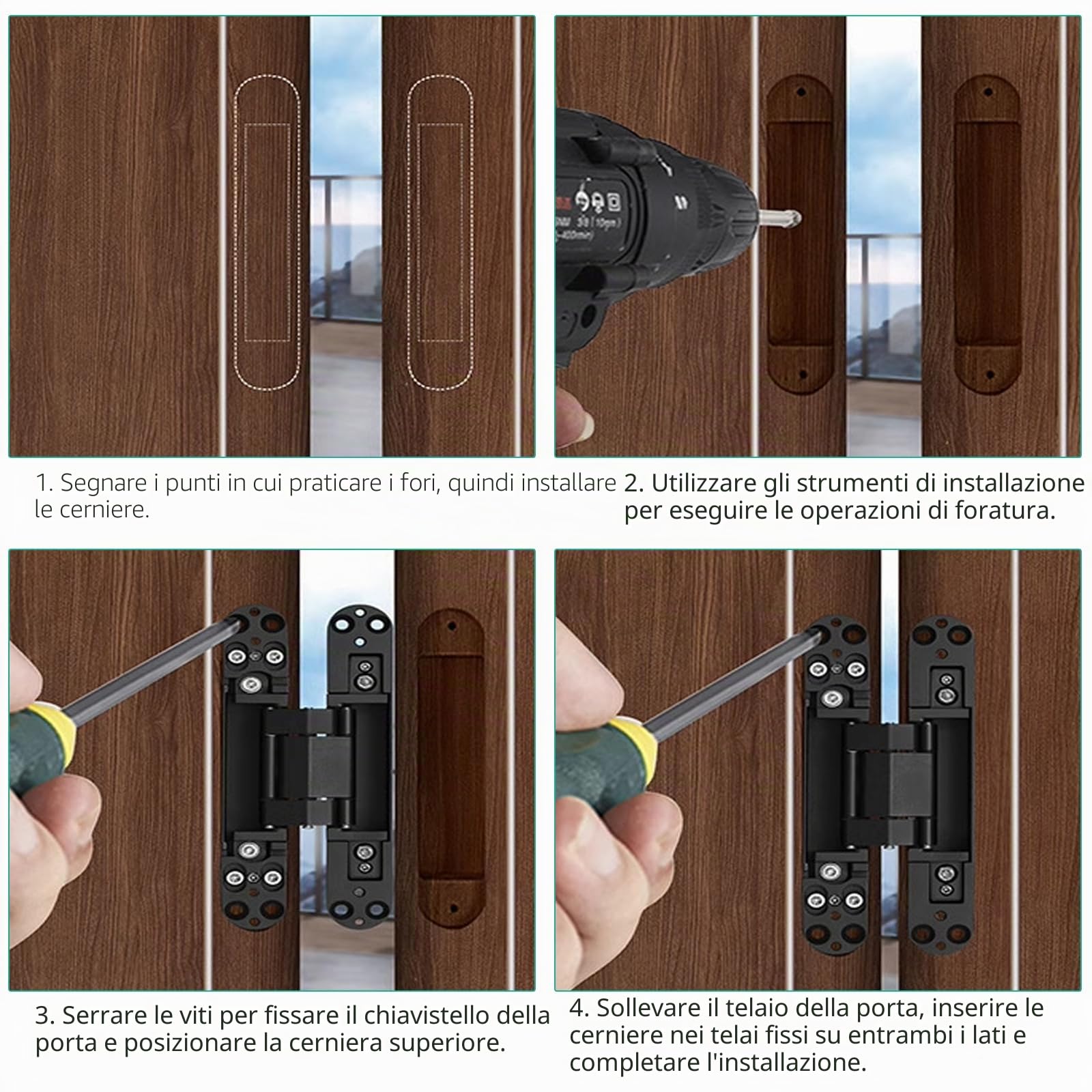 2 cerniere per porta in legno, cerniere nascoste e alettate, cerniera regolabile a 3 vie, altalena a 180°, striscia per porta