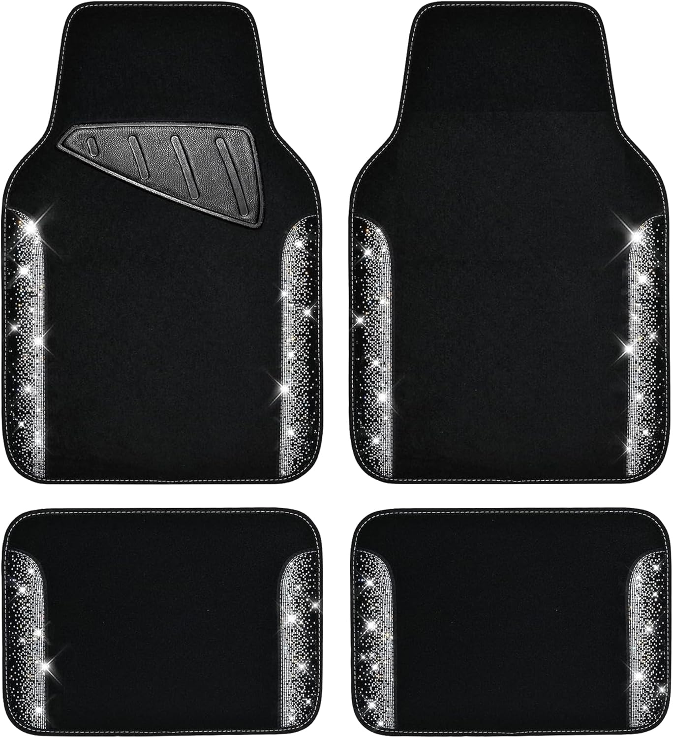 CAR PASS Bling Car Mats Shining Diamond Carpet Crystal Rhinestone Sparkly Glitter Floor Mats with Anti-Slip PVC Pad Universal Fit Automotive SUV,Sedan,Van,4pcs for Girl Women, Black Sliver Diamond