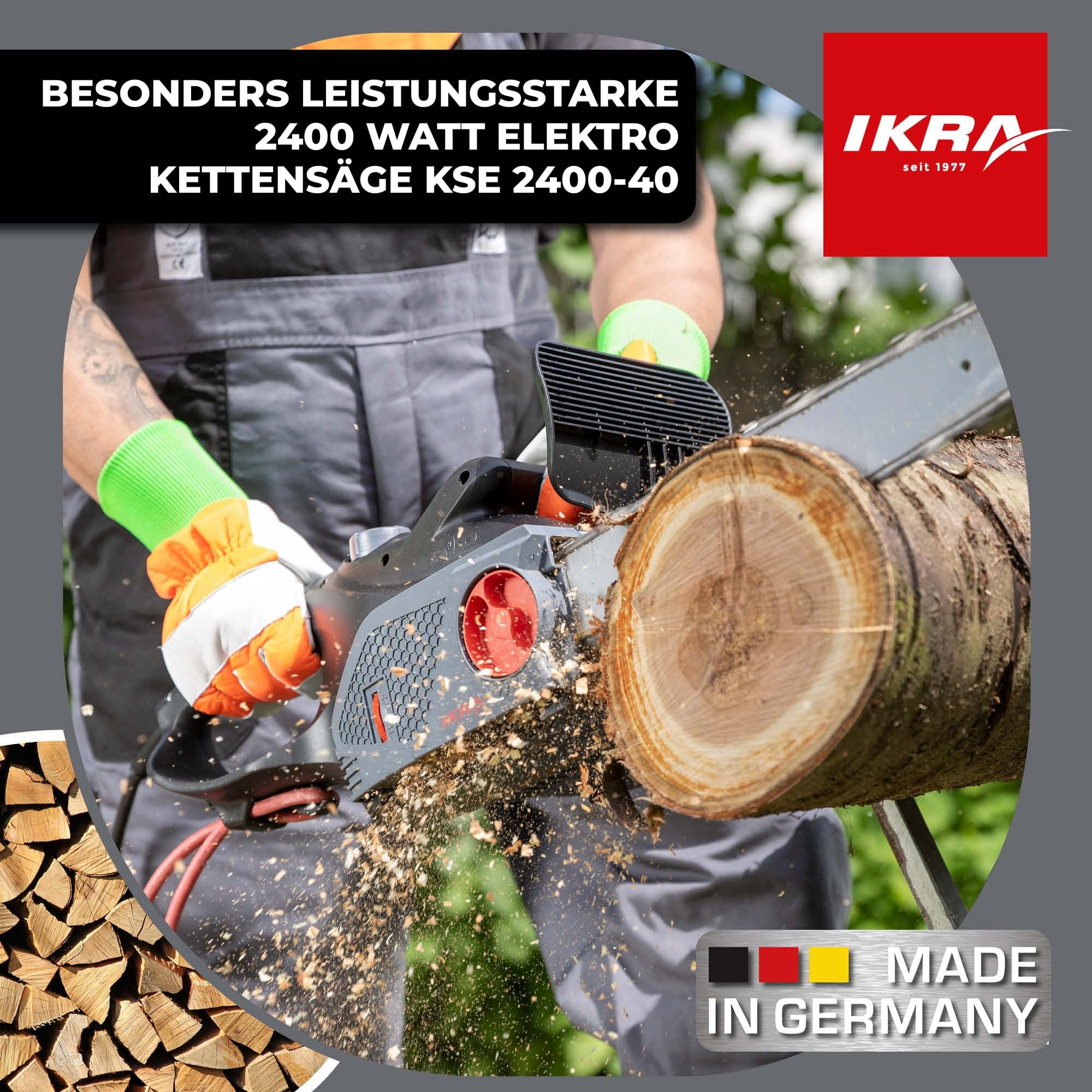 IKRA Elektro Kettensäge KSE 2400-40, Made in Germany, inkl. Ersatzkette | Schnittlänge 40cm, vibrationsarme Sägekette, werkzeuglose Kettenmontage & -spannung, 2400 W, metallverstärktes Profigetriebe