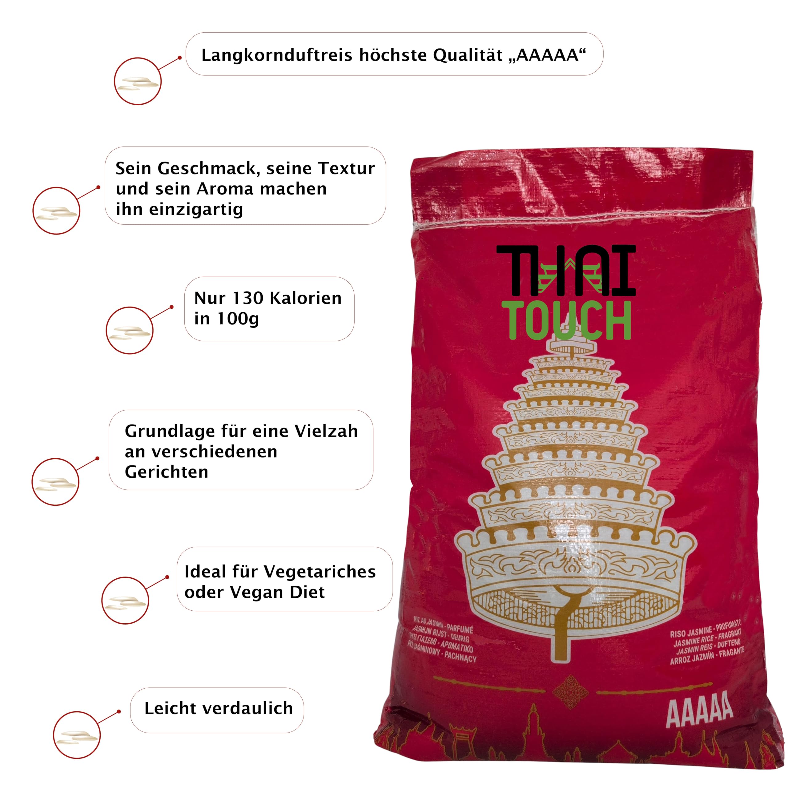 Thai Touch Jasmin Reis Grad AAAAA 18 kg Langkornduftreis, für asiatische, thailändische, japanische & vietnamesische Gerichte, ideal für Thai Curry mit Gemüse & Khao Pad Gai, höchste Qualität