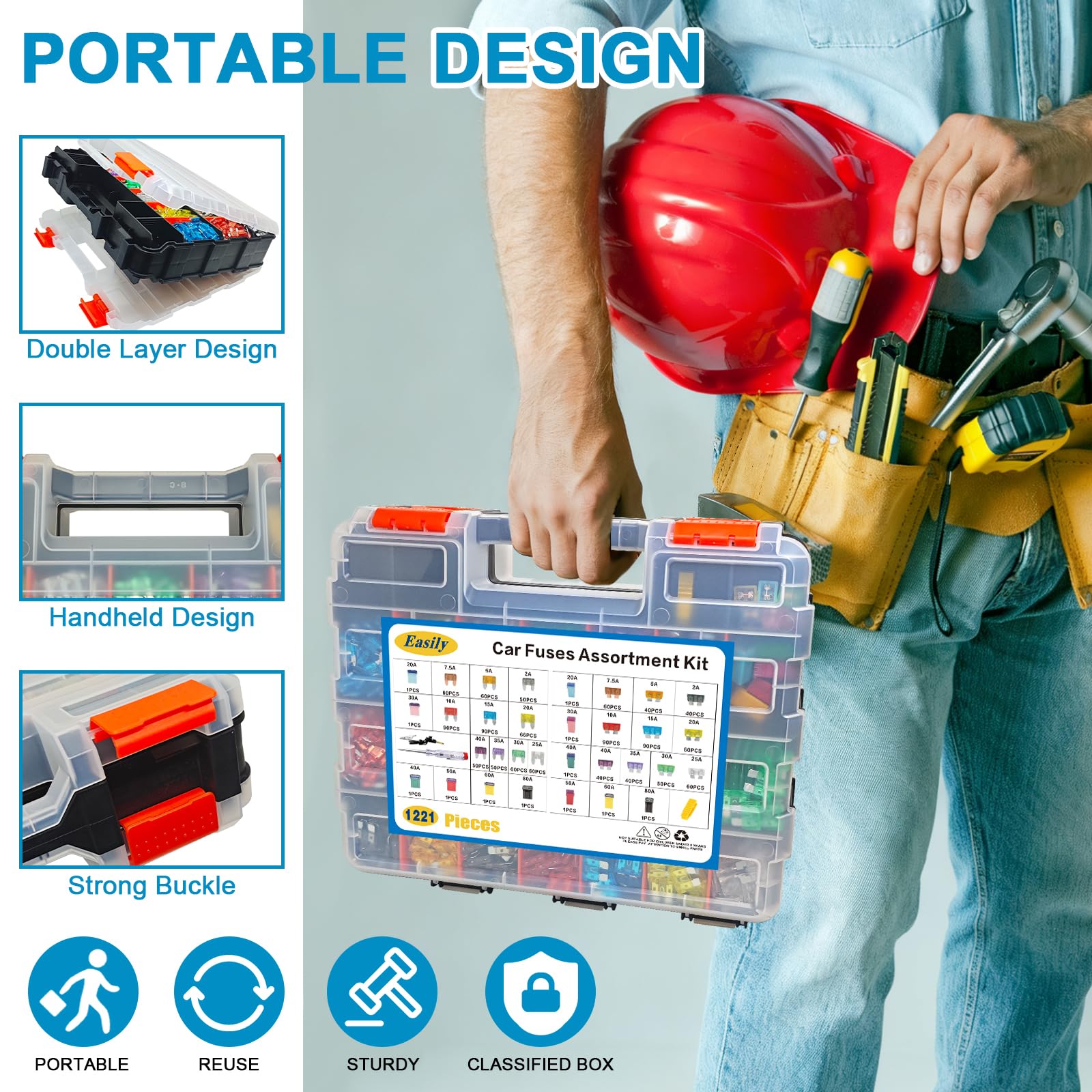 Kit assortito di 1221 fusibili per auto mini e standard a lama alta/STD profilo a forma di scatola fusibili con estrattore di fusibili e tester per circuiti, per auto, camion, SUV, barche, organizer