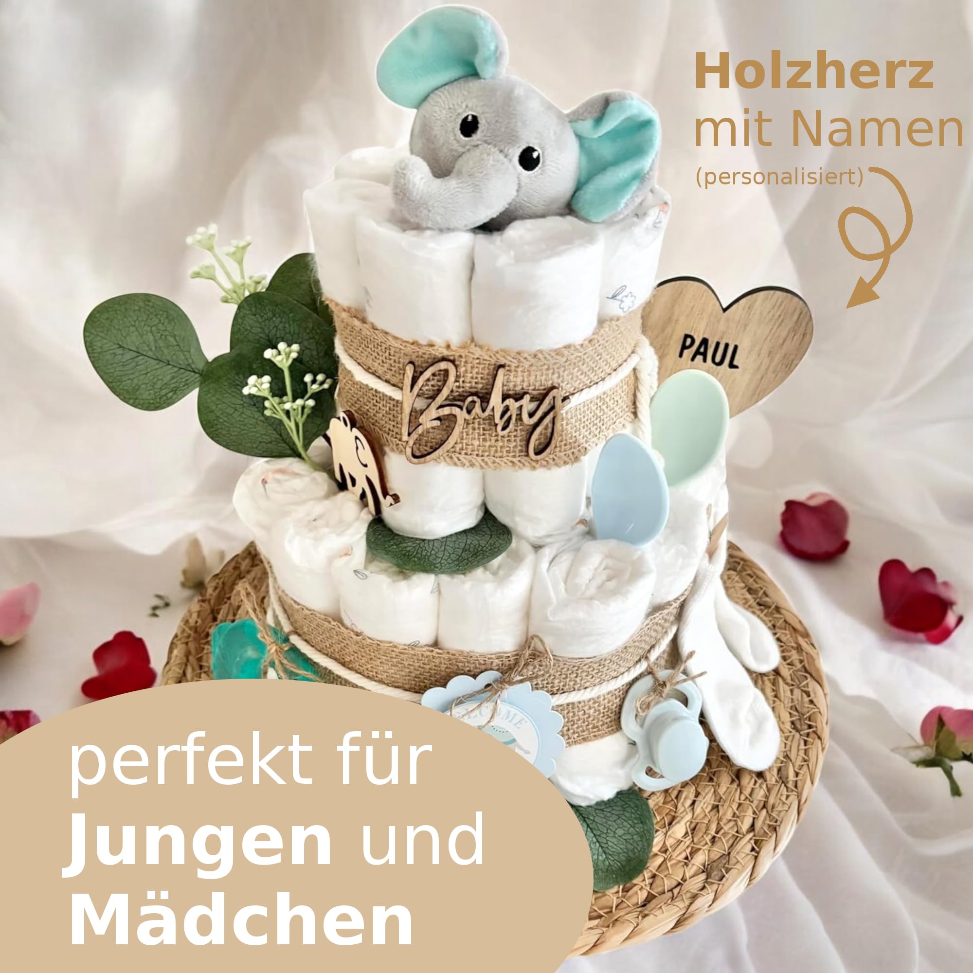 Windeltorte mit Elefant Schnuller Socken und mehr, Babytorte für Babyparty Babyshower, Namen personalisierbar für Junge & Mädchen, Geschenk zur Geburt, Babypinkeln Baby Neugeboren Geschenk Windeln