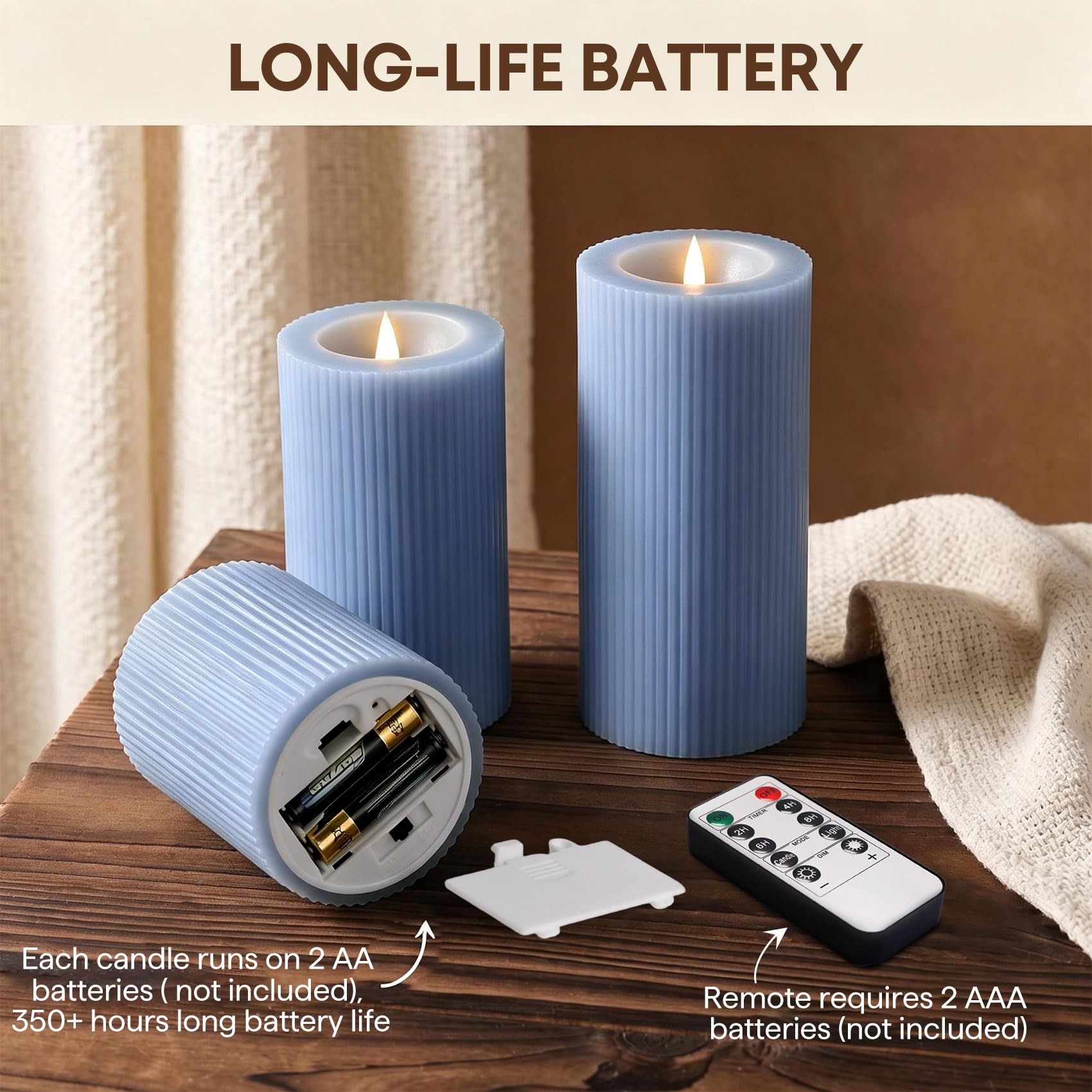 Candele a pilastro senza fiamma a coste blu polveroso con telecomando, fiamma tremolante in movimento, candele a LED di cera a batteria, decorazione per la casa, set di 2