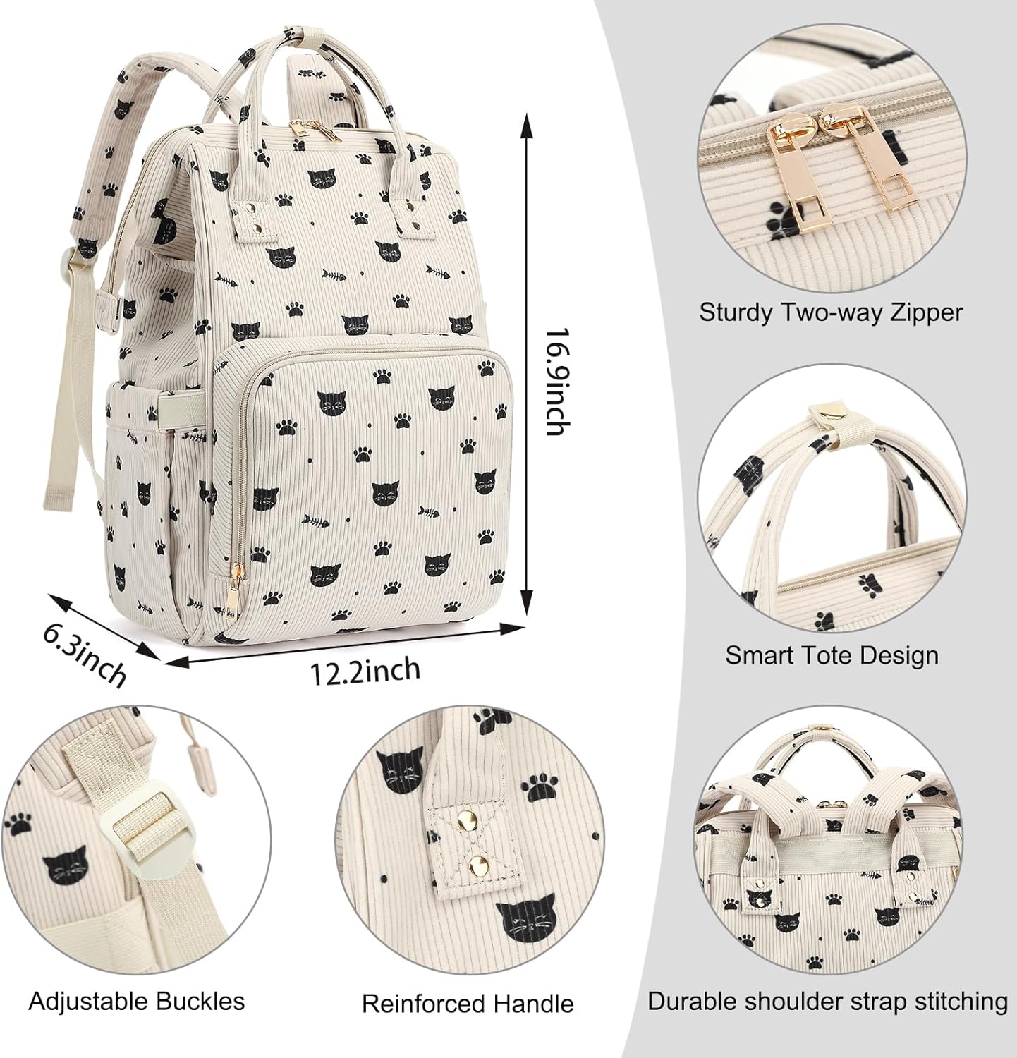 Women Corduroy College School Backpack Bookbag, 15.6 Inch Travel Laptop Backpack Casual Daypack (Cat)