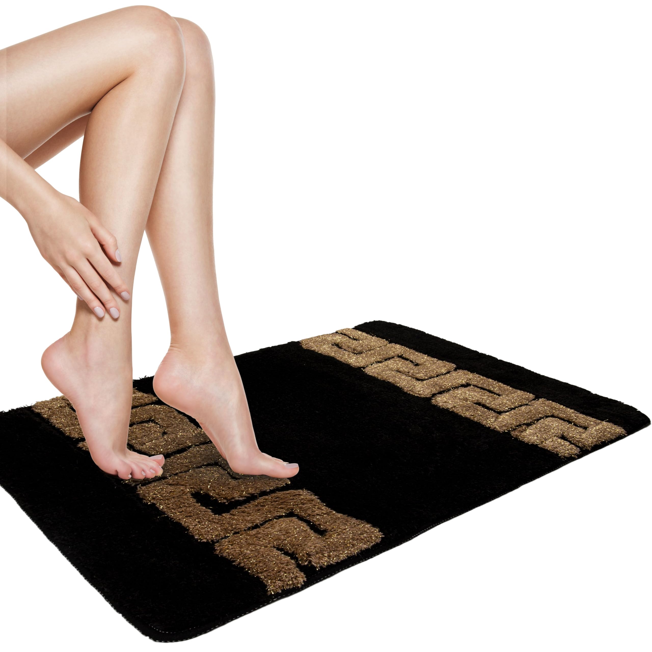 Tapis de bain de luxe - En 100 % acrylique - Moelleux, antidérapant et absorbant - Noir - Blanc et doré - Méandre - 60 x 90 cm