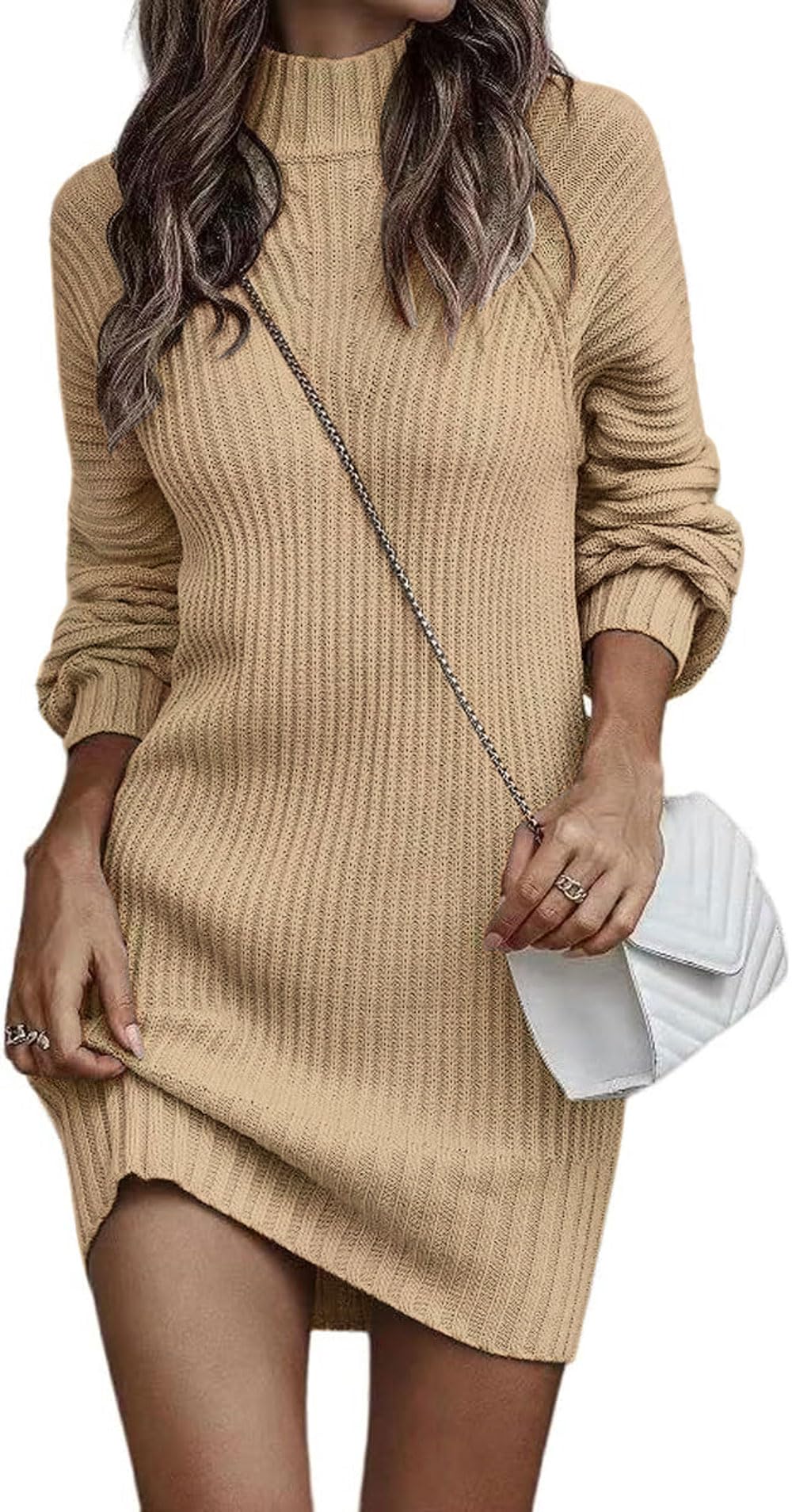 ELFIN Strickkleid Damen Rollkragen Langer Pullover Puff Ärmel Winter Pulloverkleid Freizeitkleid Langarm Strick Kleider Minikleid