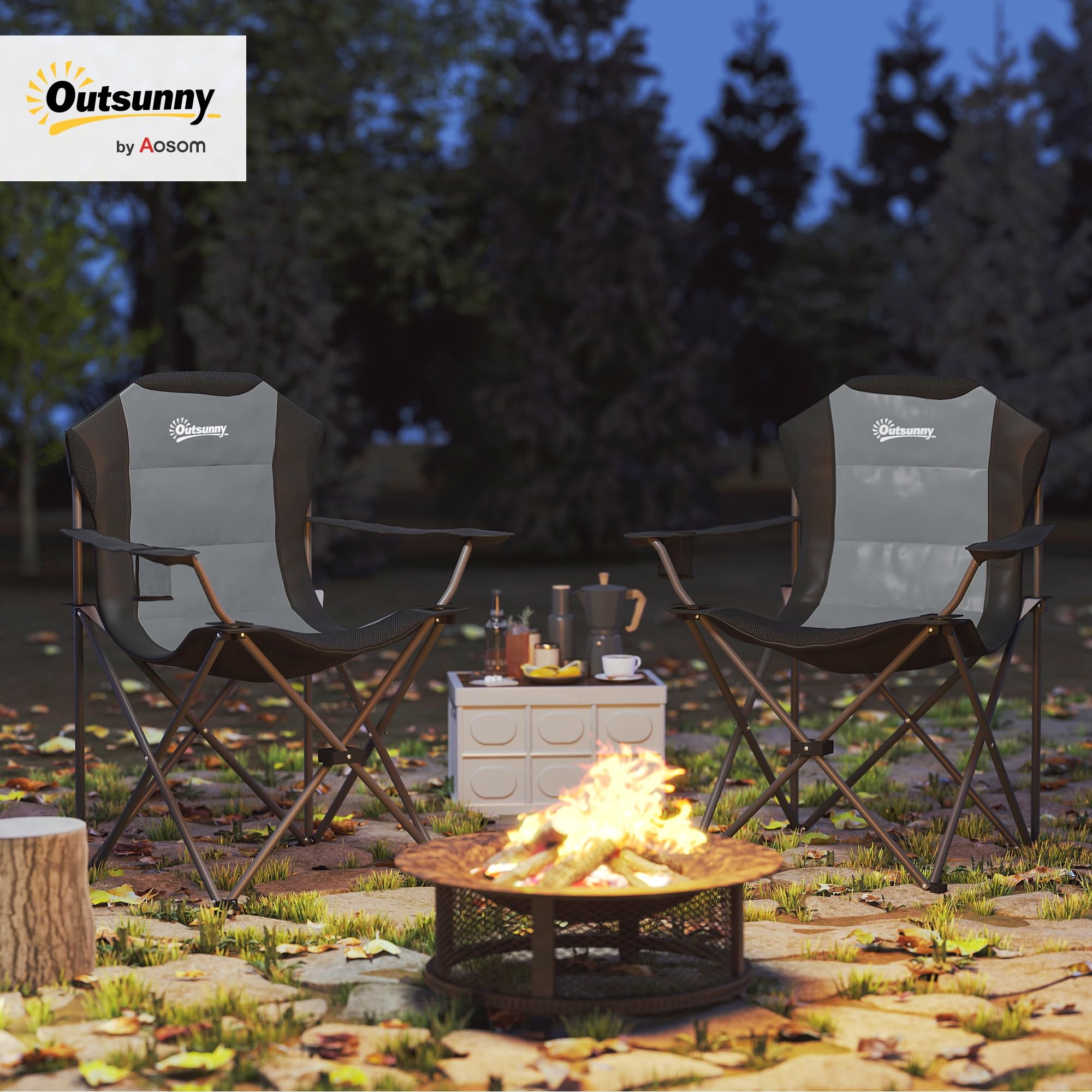 Outsunny Lot de 2 Chaise Pliante Camping Chaise de pêche Portable rembourrée à Dossier Haut avec Porte-gobelet, Fauteuil Pliable pour randonnée, Plage, Pique-Nique, Voyage, Charge 120Kg, Gris foncé