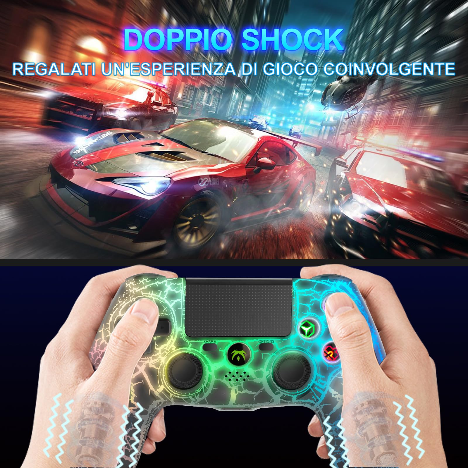 wireless Controller per PS4, Gamepad wireless con vibrazione doppia, con luce RGB, joystick PS4 per PS4/Slim/Pro/PC(B)