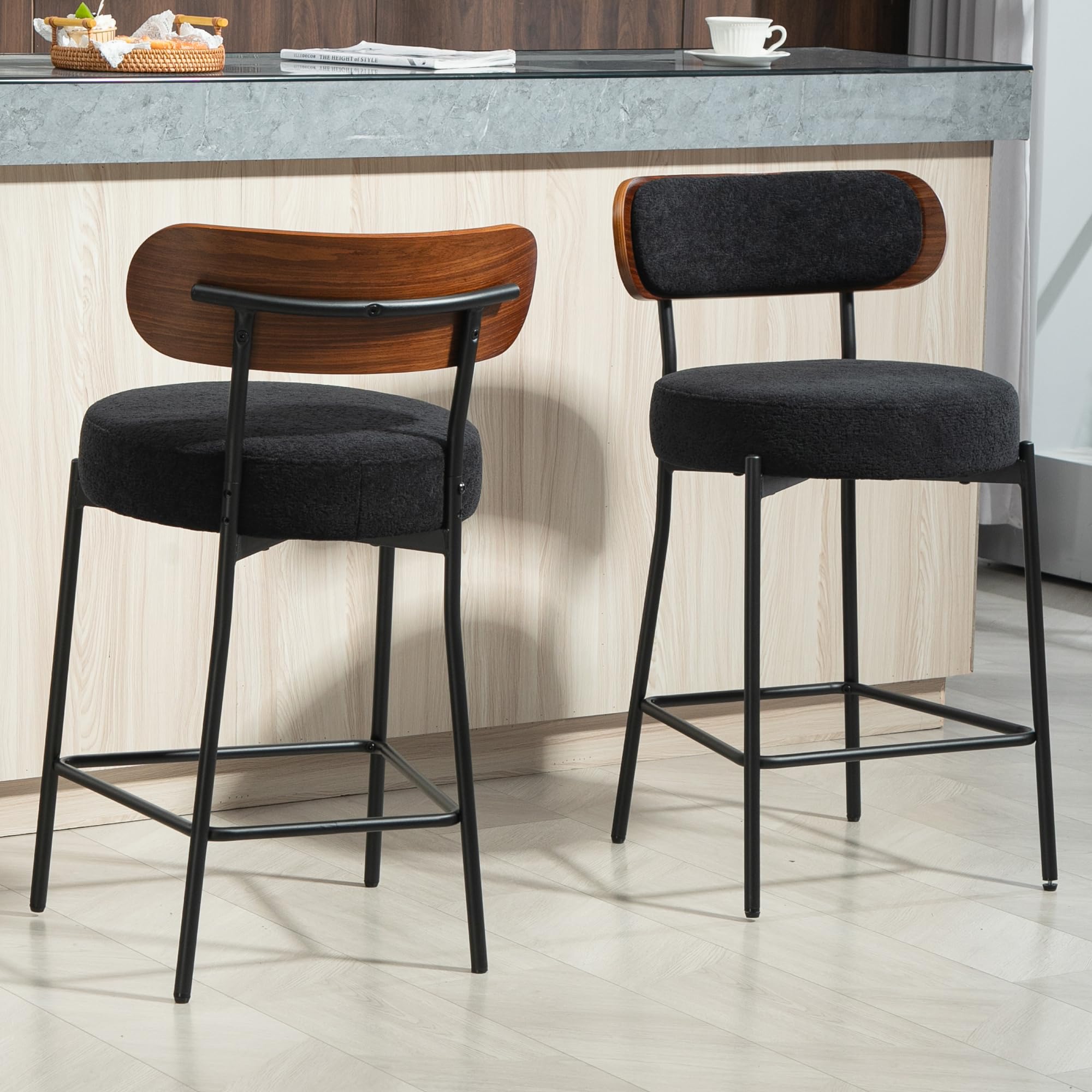 DYHOME Counter Height Bar Stools Set of 2-24 Inches Upholstered Barstools with Bentwood Back, Modern Kitchen Island Chairs for Breakfast Bar, Metal