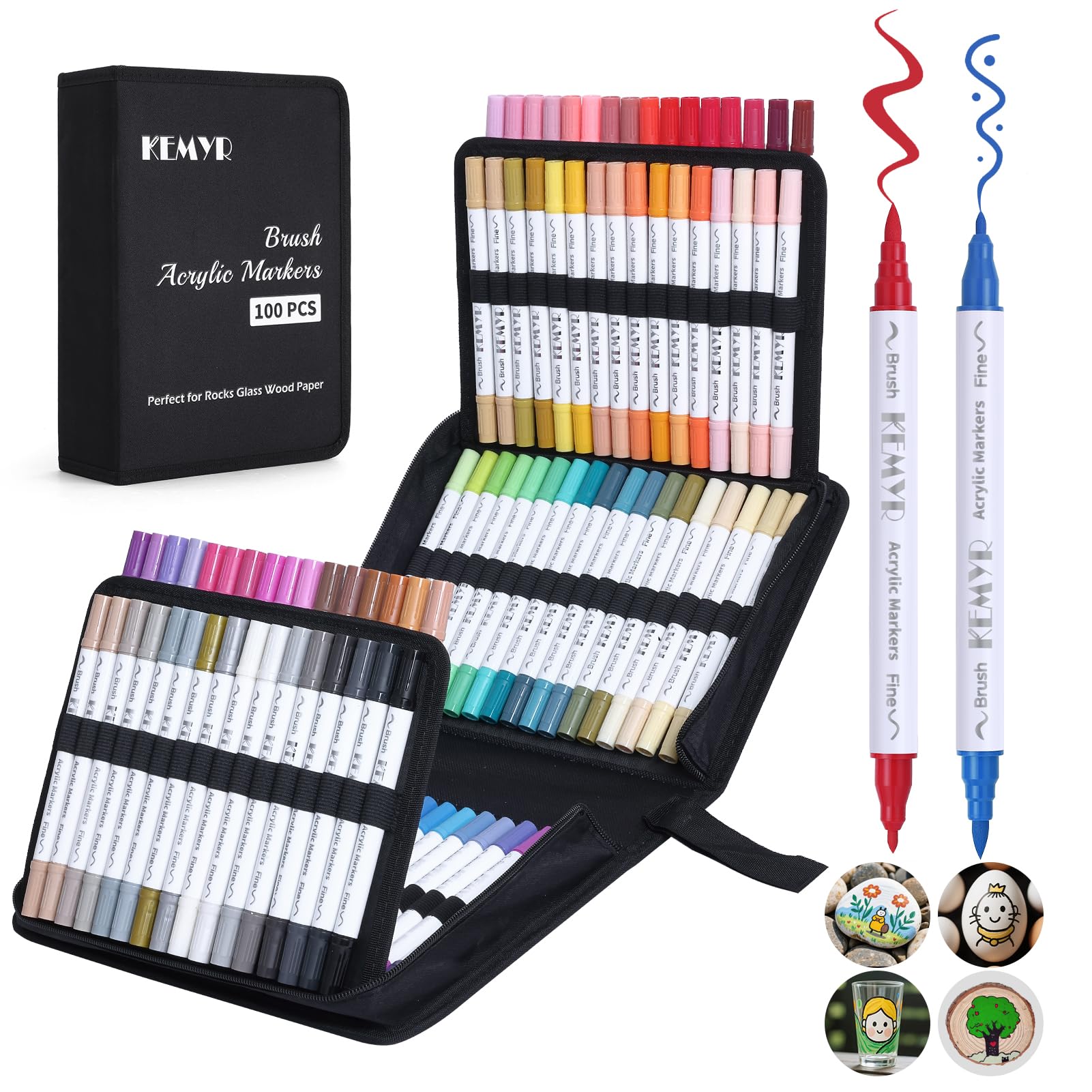 KEMYR Rotuladores de pintura acrílica de 100 colores, marcadores de pintura acrílica de doble punta para papel, madera, lienzo, piedra, pintura de roca, vidrio, tela, bricolaje, cerámica, suministros