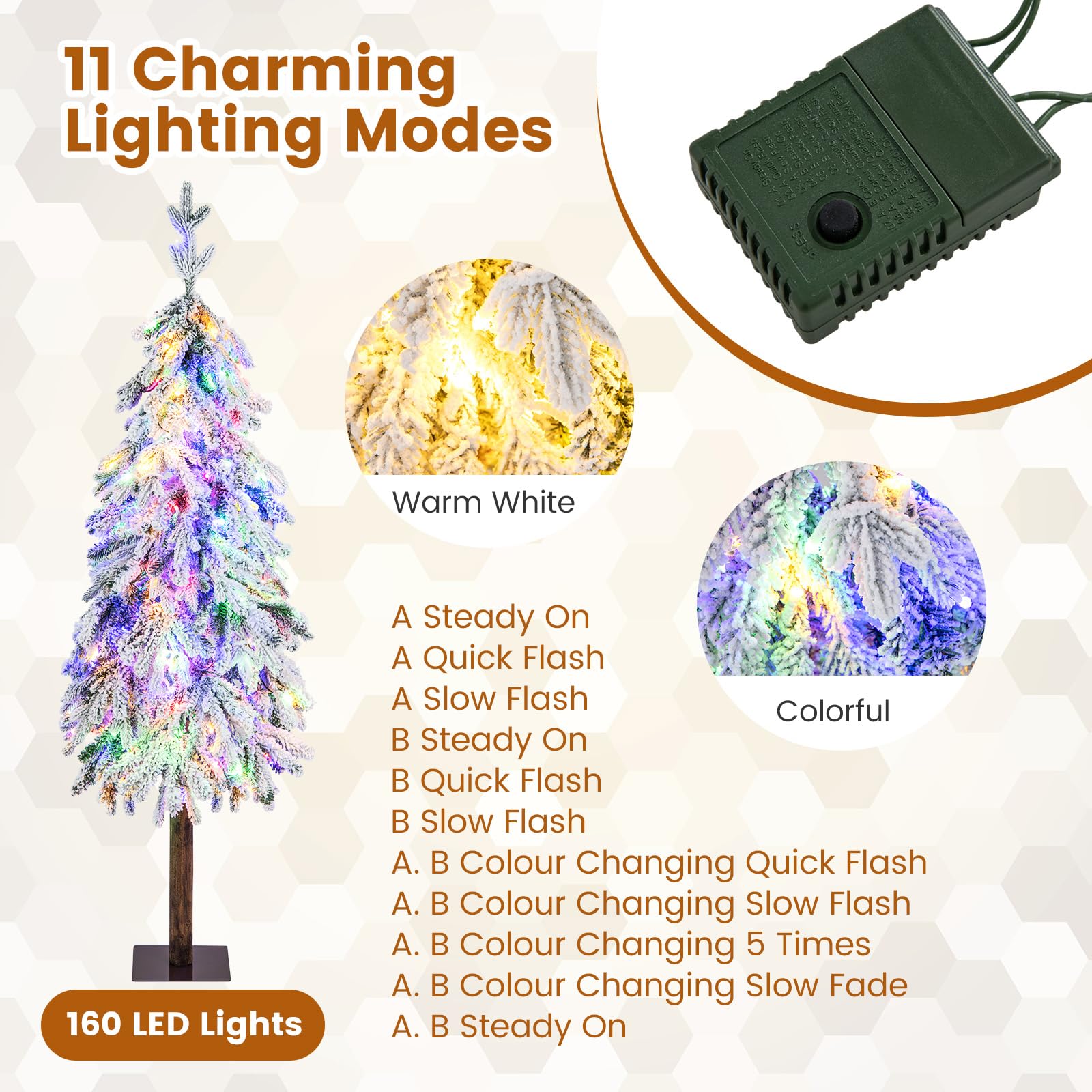 choinka, Sztuczna choinka 150 cm/5 stóp, flokowana z 320 końcówkami gałęzi, 160 diod LED, 2 kolory oświetlenia i 11 trybów, wstępnie oświetlona dekoracyjna