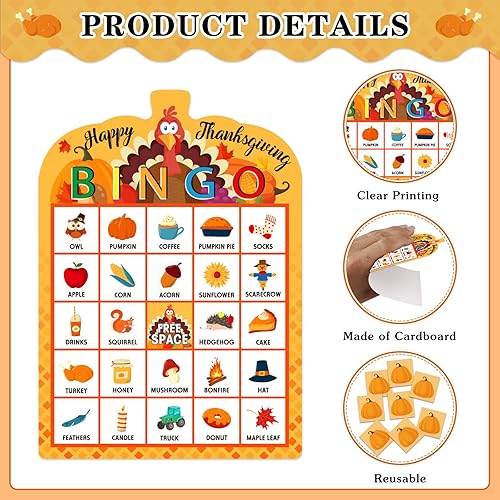 Miniatura 6 de PETCEE Juego de bingo de Acción de Gracias para niños y adultos, 26 jugadores, tarjetas de bingo de Acción de Gracias, juego de bingo de otoño para