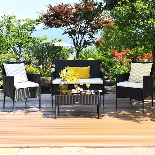 Miniatura 4 de COSTWAY Juego de muebles de ratán de patio de 4 piezas, juego de conversación de ratán al aire libre con mesa de centro de vidrio templado, sofá