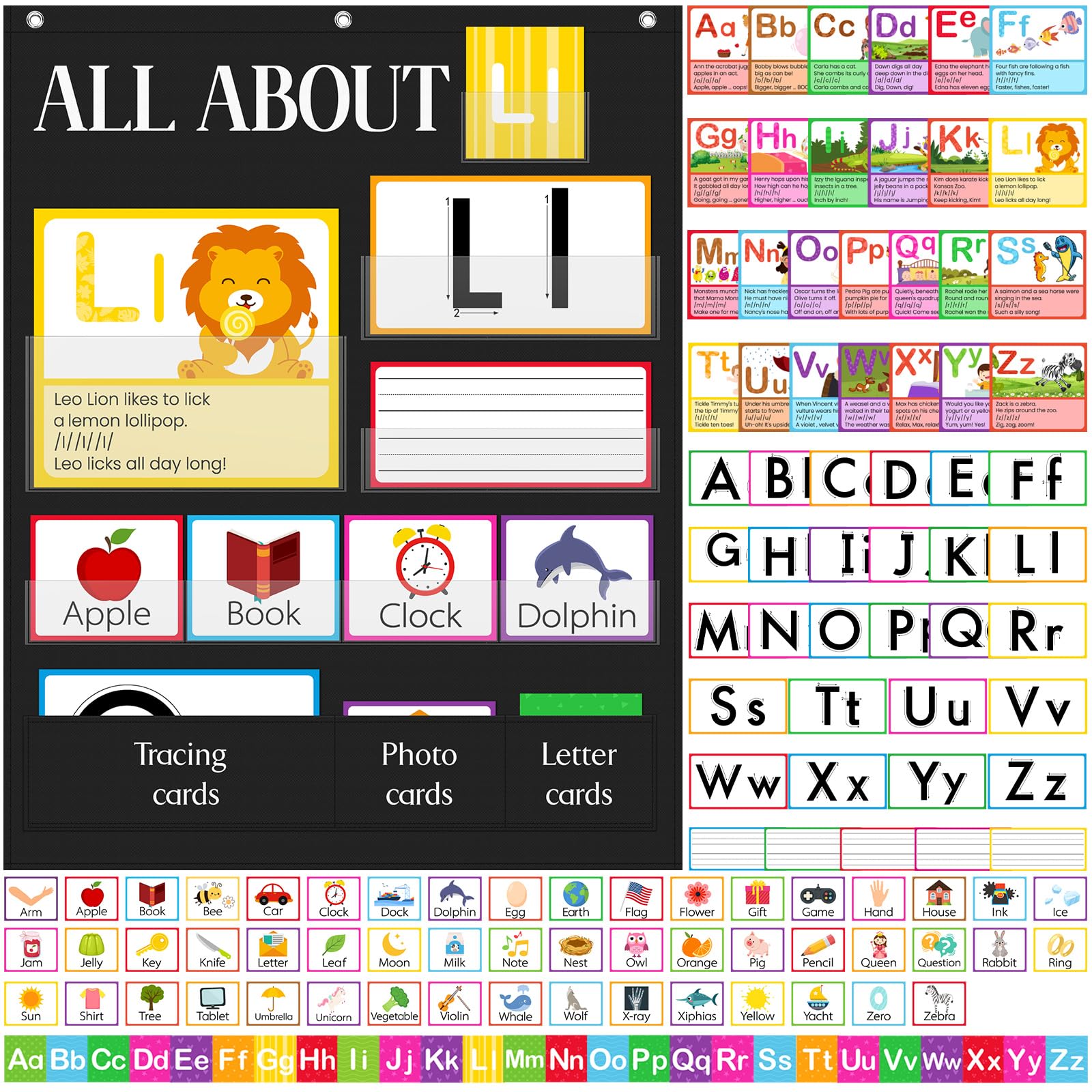 Motiskyy 34" x 27" All About Letters Pocket Chart Alphabet Learning Pocket Chart with 96 Cards Letter of The Day/Week Activity Wall Alphabet Card Tracing for Homeschool Preschool Kindergarten(Black)