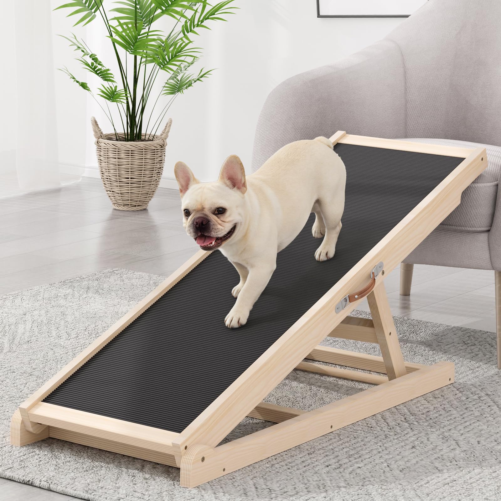 dog ramp for couch, bed, car, adjustable pet ramps 6 height from 18" to 23.6" wooden dog step with high traction mat & sturdy build for small medium older pets, supports up to 200lbs