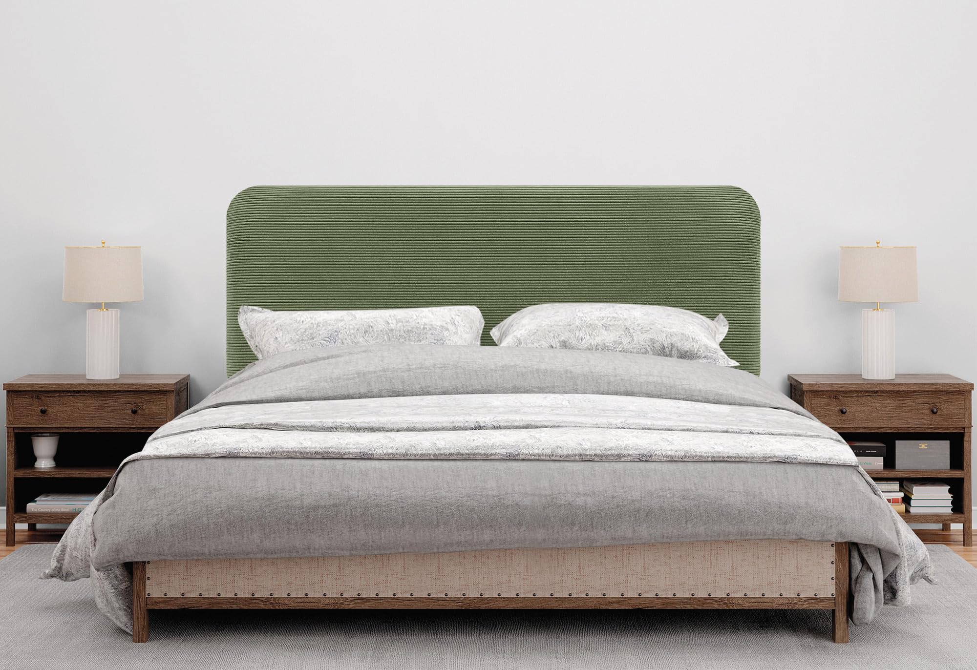 DHOME Cabecero Tapizado Liso Redondeado Pana Premium con Patas para Pared Acústicos Cabeceros Absorbentes Cabezal Cama Dormitorio (Verde Selva, 160cm)