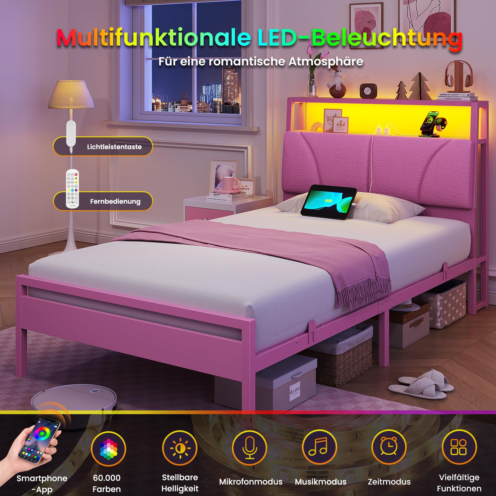 Brinlawb Mädchen Bett 90x200 cm mit LED Beleuchtung und Ladestation (2 AC-Steckdosen, 1 USB-A, 1 USB-C) Bettgestell Jugendbett mit gepolstertem Kopfteil und 2 offenen Regalen, Kinderbett 90x200 Rosa