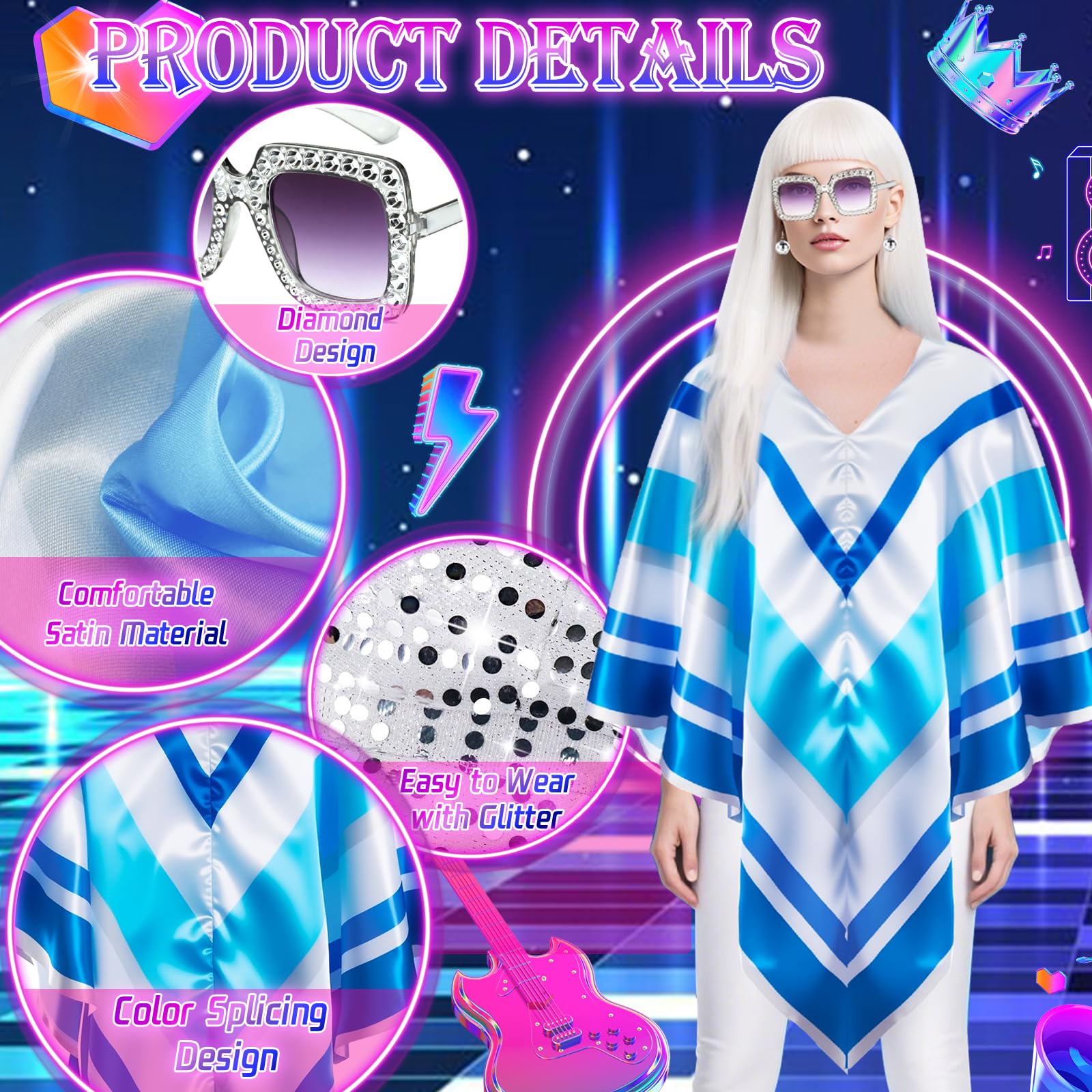 Kyndara 5Pcs Abba Fancy Dress Costume for Women 1970s Disco Accessories Set including Disco Poncho Hat Wig Earrings Glasses for Adults Retro 70 Theme Party Dance (Sliver) - Image 3