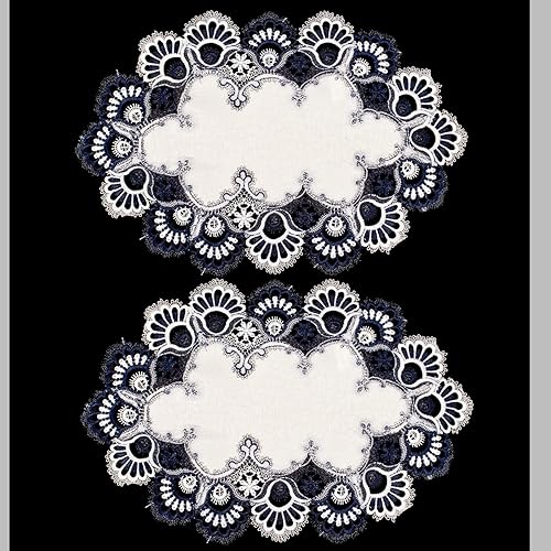 Manteles individuales de encaje europeo azul marino y blanco, manteles de mesa (14 pulgadas de ancho x 21 pulgadas de largo, juego de 2)