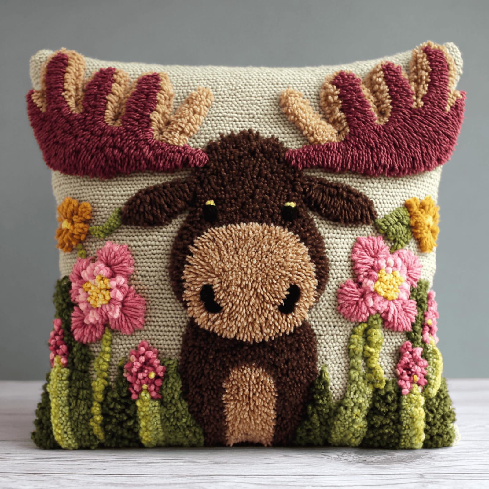 Kitphoenix Multicoloured Complete Latch Hook Cushion Kit For Adults Moose