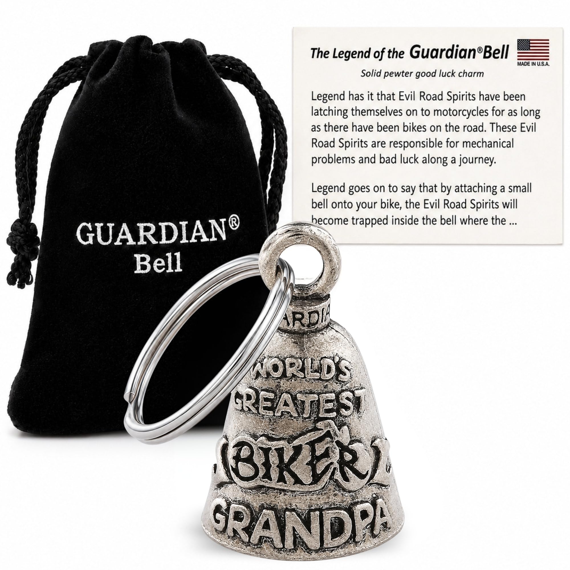 Guardian Bell Good Luck Bell w/Keyring &amp; Black Gift Bag | Motorcycle Bell | Pewter | Good Luck Gift | Bike Bell | Made in USA