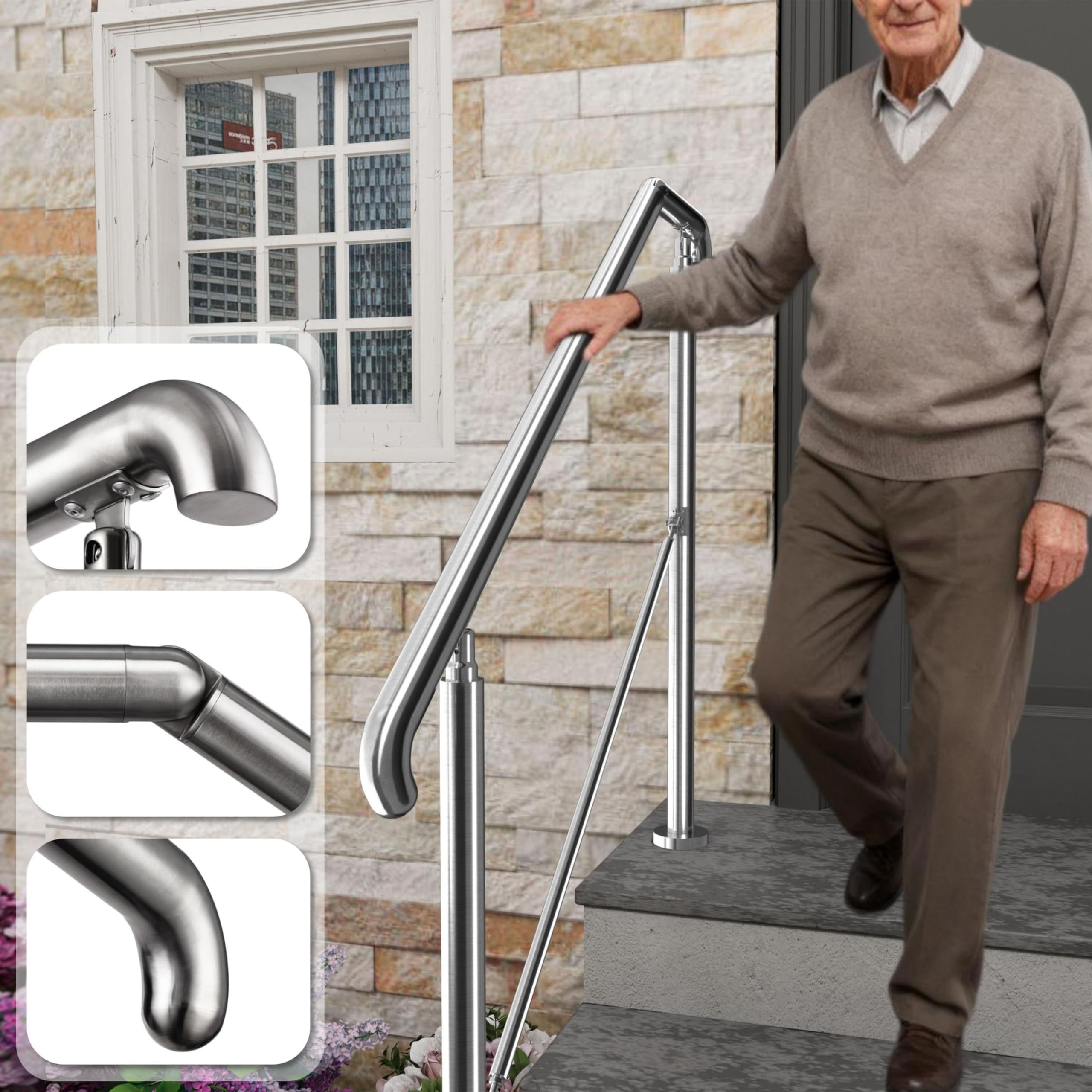 162x102cm Edelstahl Eingangshandlauf Treppengeländer Winkelverstellbares Geländer für 4-5 Stufen Innen Außen Treppens, Silber