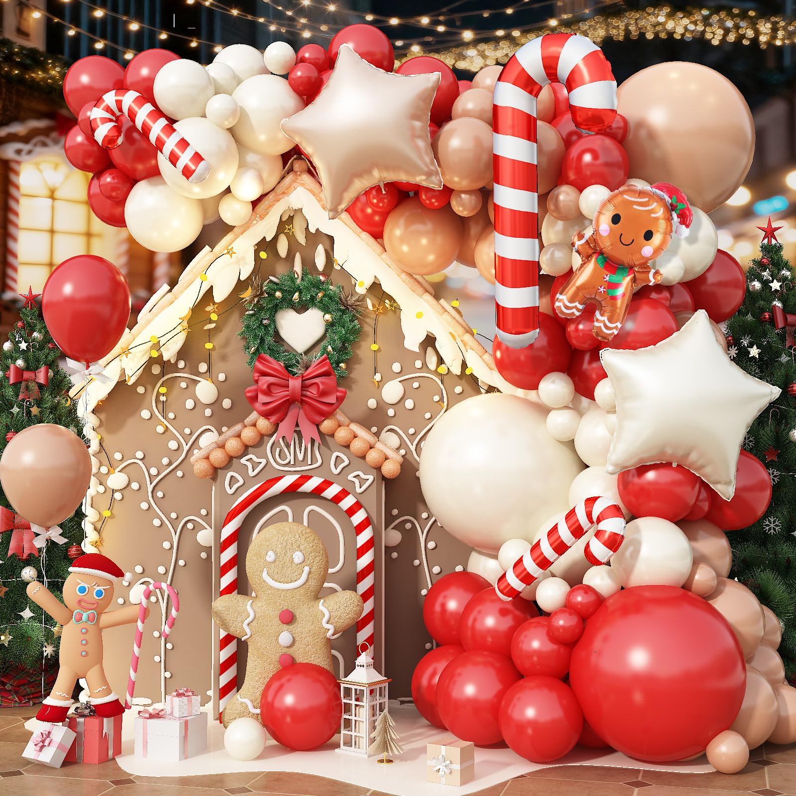 Gingerbread Christmas Balloon Garland Arch Kit Gingerbread House Red Brown Sand White Balloons with Star Candy Cane Foil Balloon for Christmas Reindeer Elk Party Xmas Winter New Year Party Decorations
