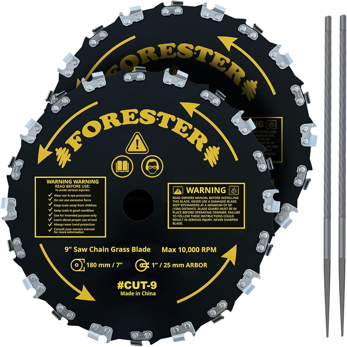 FORESTER 2PK Juego de cuchillas y limas para desbrozadora de motosierra - 9 pulgadas x 20 dientes | Se adapta a la mayoría de recortadoras de eje recto | El kit de conversión se vende por separado.
