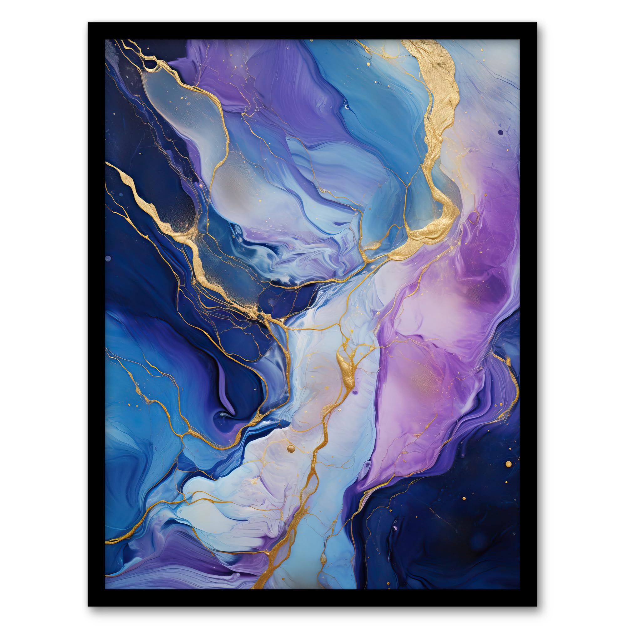 Artery8 Purple Gold Blue Fluid Stone Crystal Abstract Artwork Painting Artwork Framed Wall Art Print A4