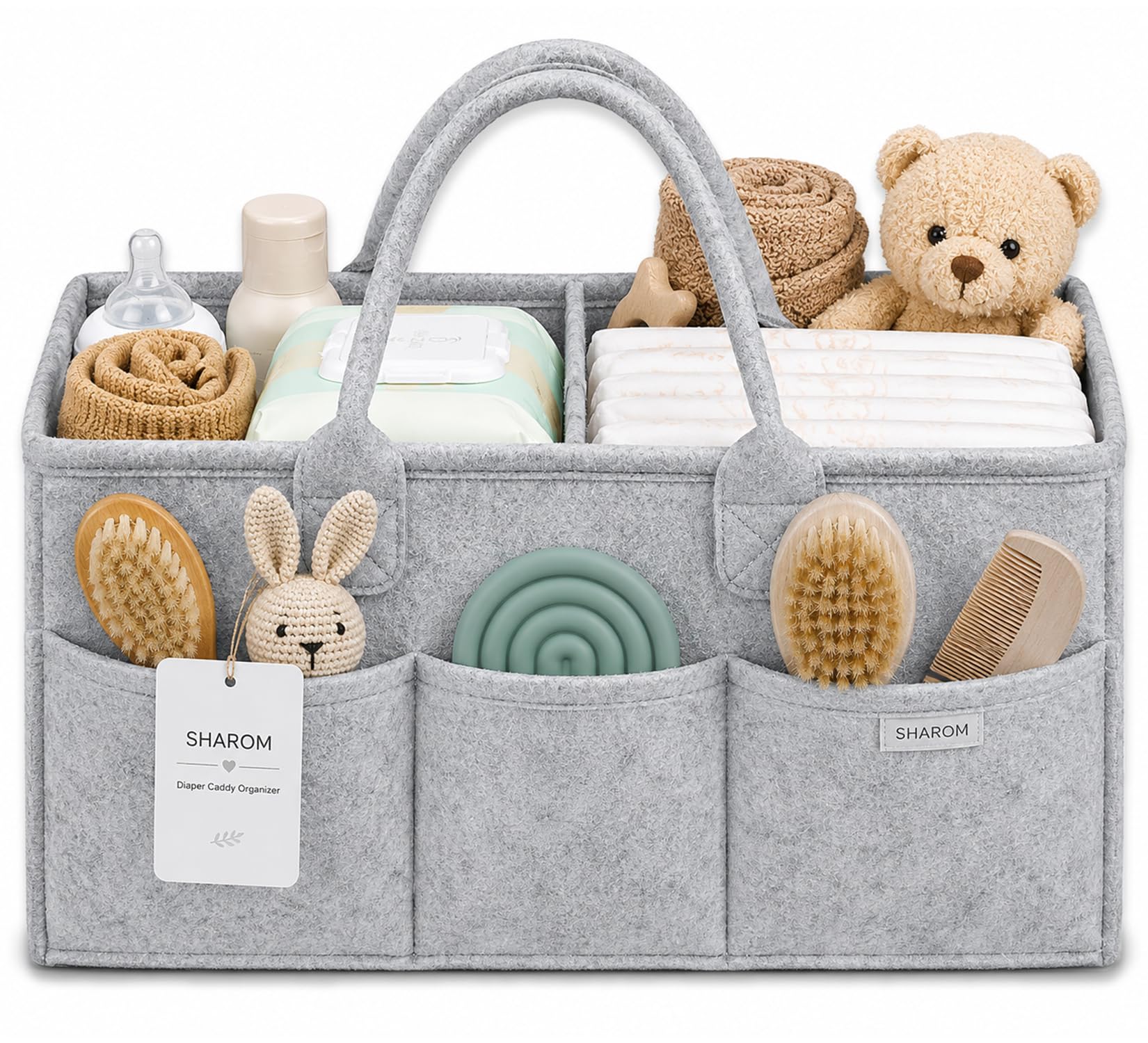 Sharom Men's Grey Essential Baby Caddy For Newborns. Spacious, Sturdy & Portable Diaper And Nappy Caddy For Newborn Essentials, Nursery Storage Basket & Organiser For Baby Shower Gifts & Registry Must-Haves