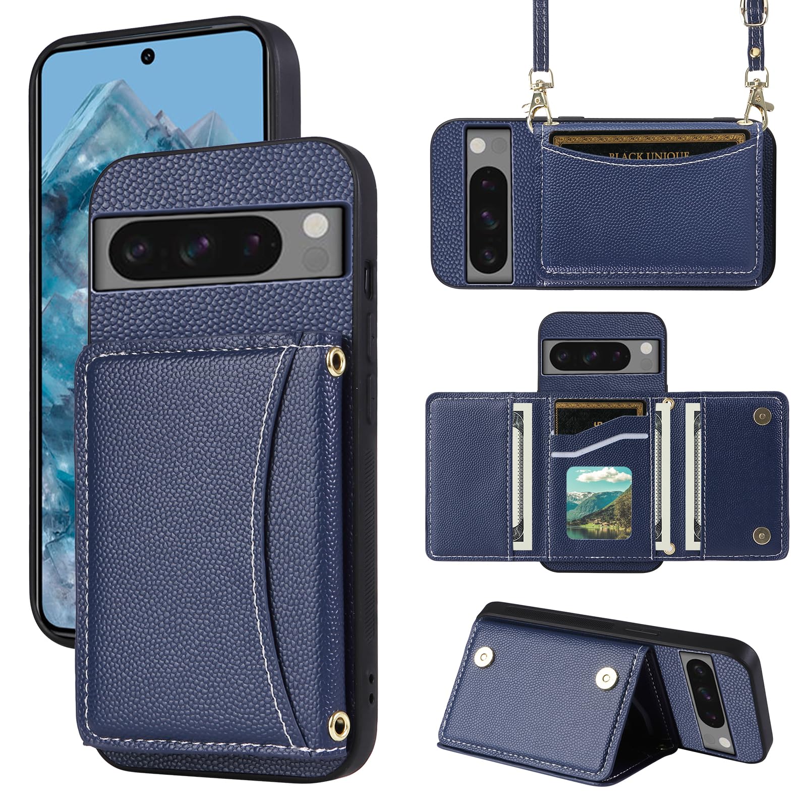 Furill Phone Case for Google Pixel 8 Pro 5G Wallet Cover with Crossbody Shoulder Strap and Leather Credit Card Holder Pocket Slim Stand Cell